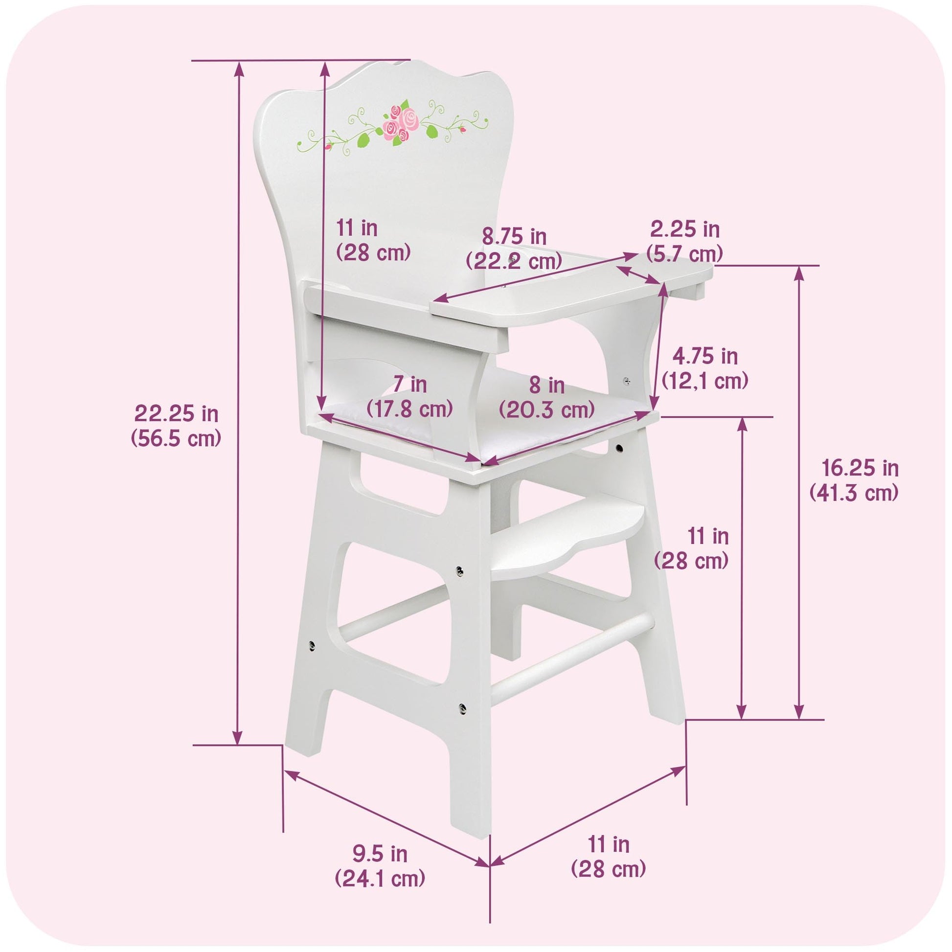 Badger Basket Doll High Chair - White and Rose Wood Design with Padded Seat and Lifting Tray - Fits 14 to 18 Inch Dolls for Pretend Mealtime Play