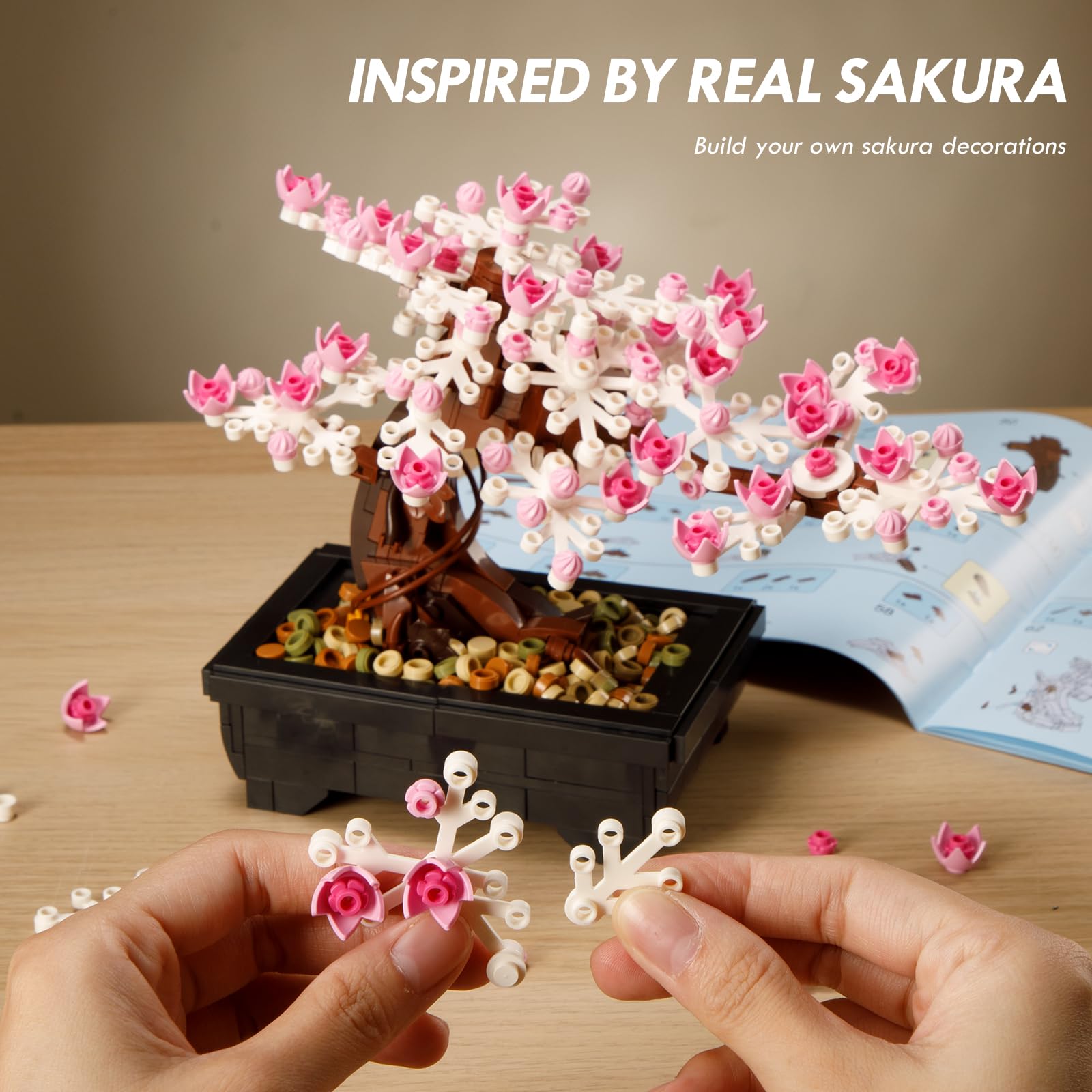 Vamuss 3-In-1Le-go Bonsai Tree Building Set,Cherry Blossom Tree Building Set,DIY Plant Model Botanical Collection Design Kit for Adults,Creative Gift