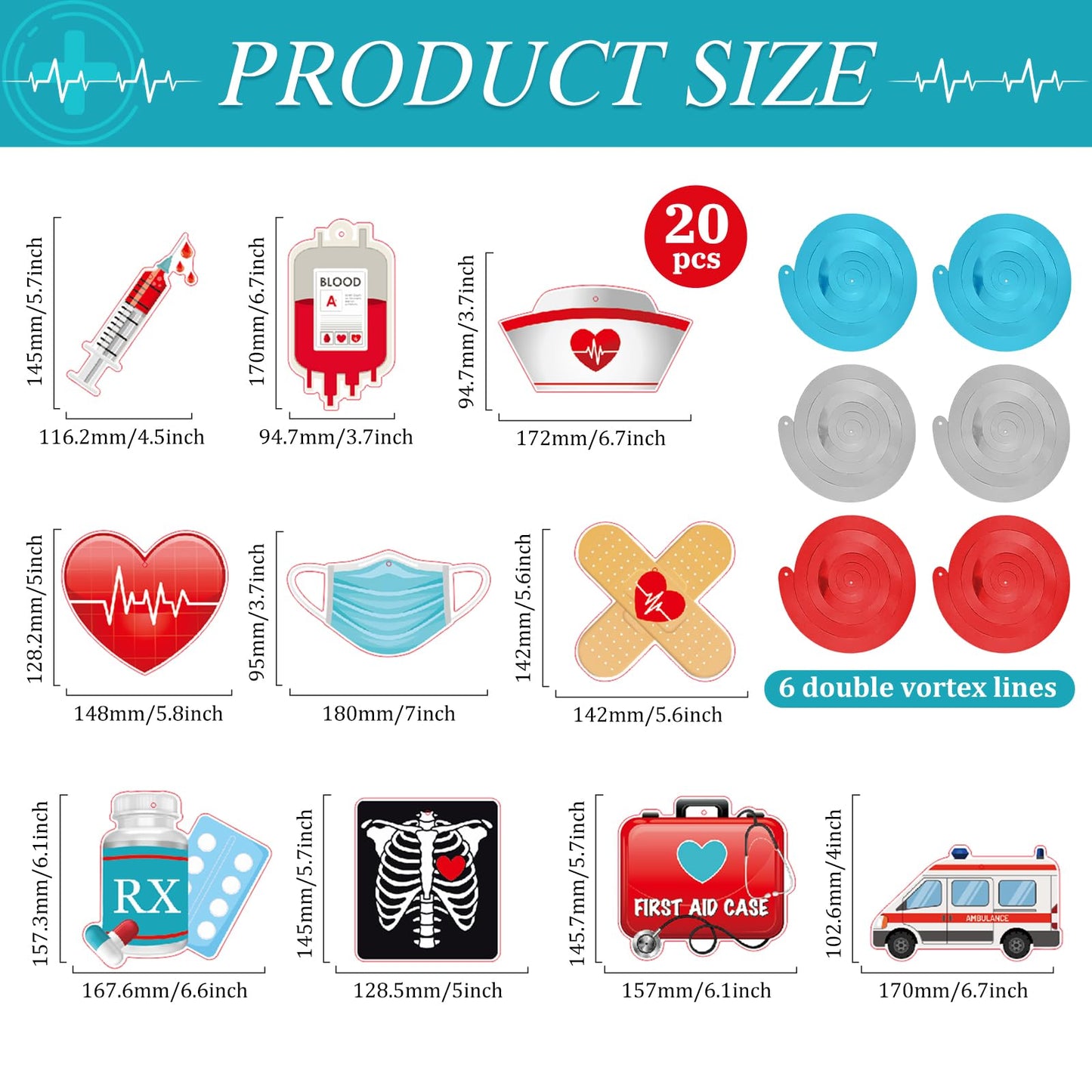 44 Pcs Medical Hanging Swirls Decorations, 20 Hospital-Themed Ceiling Foil Swirl Ornaments with Ambulance, RX, Syringe, Nurse Cap, First Aid Icons