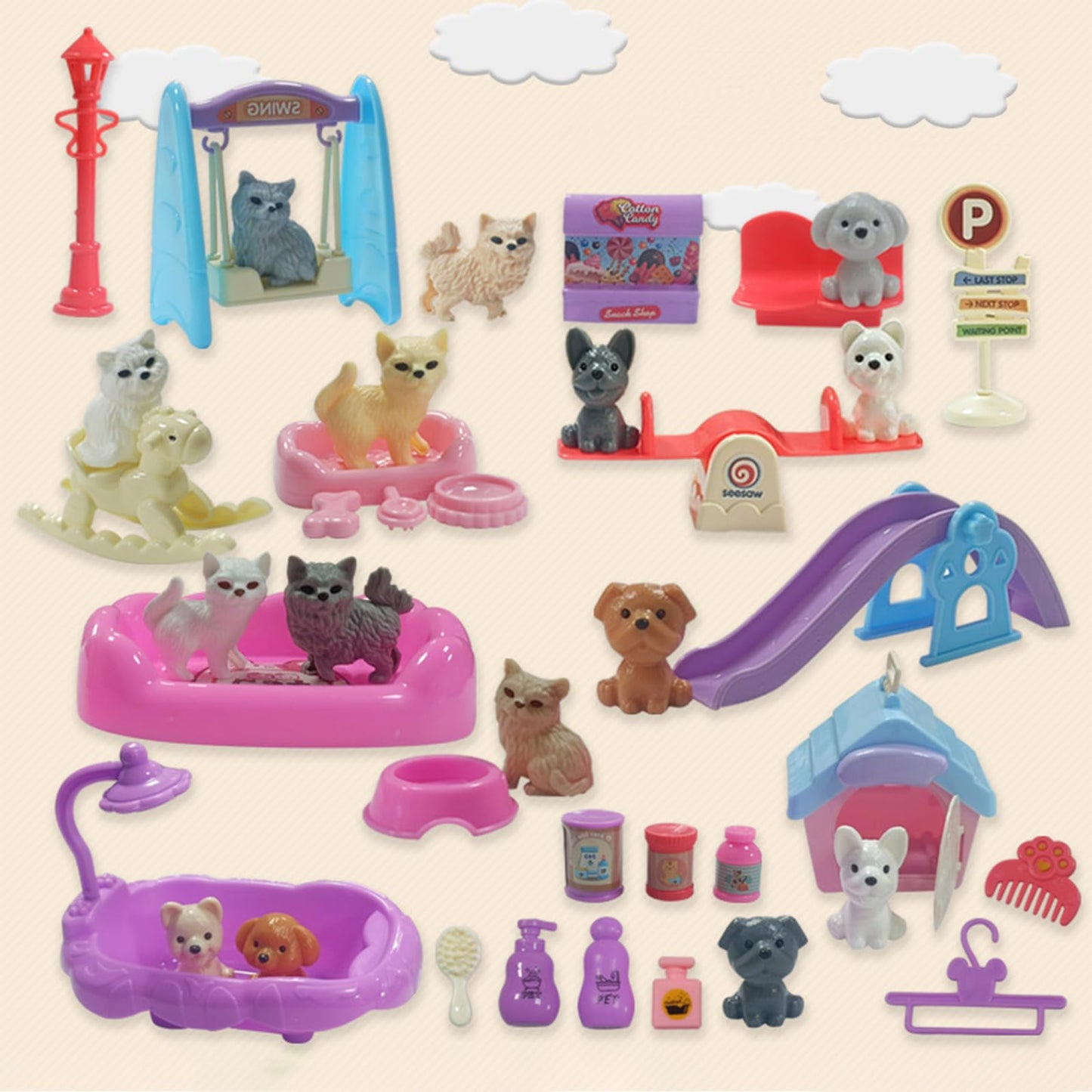 45Pcs Dollhouse Furniture Set Miniature Accessories Cat Dog Figurine Playset Pet Care Center Doll House Accessories Educational Pretend Play Toys