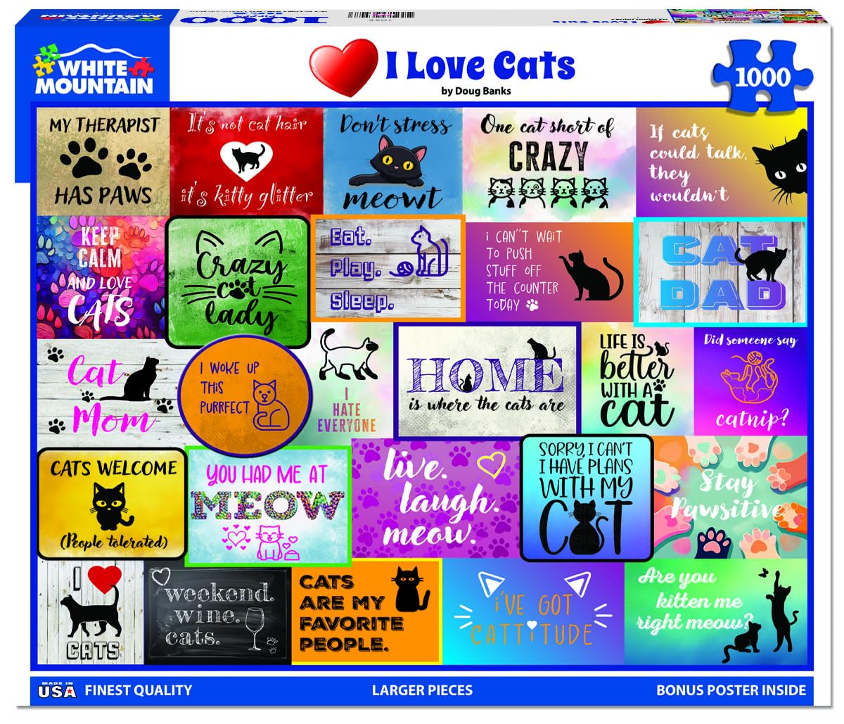 White Mountain 1000 Piece Jigsaw Puzzle Cute Collage, I Love Cats