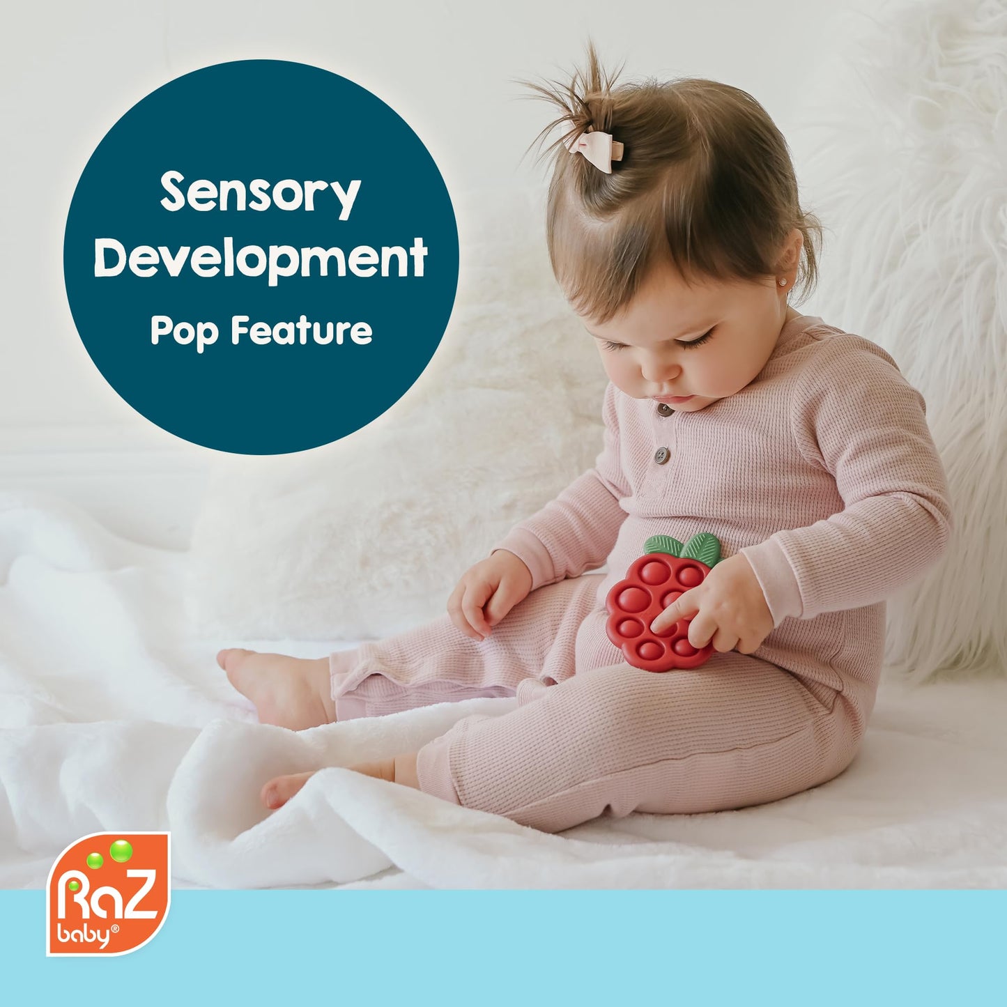 RaZbaby RaZberry Pop Strawberry Teether - Multi-Textured Silicone for Sensory Development & Teething Relief - Easy to Hold for Small Hands - Soft