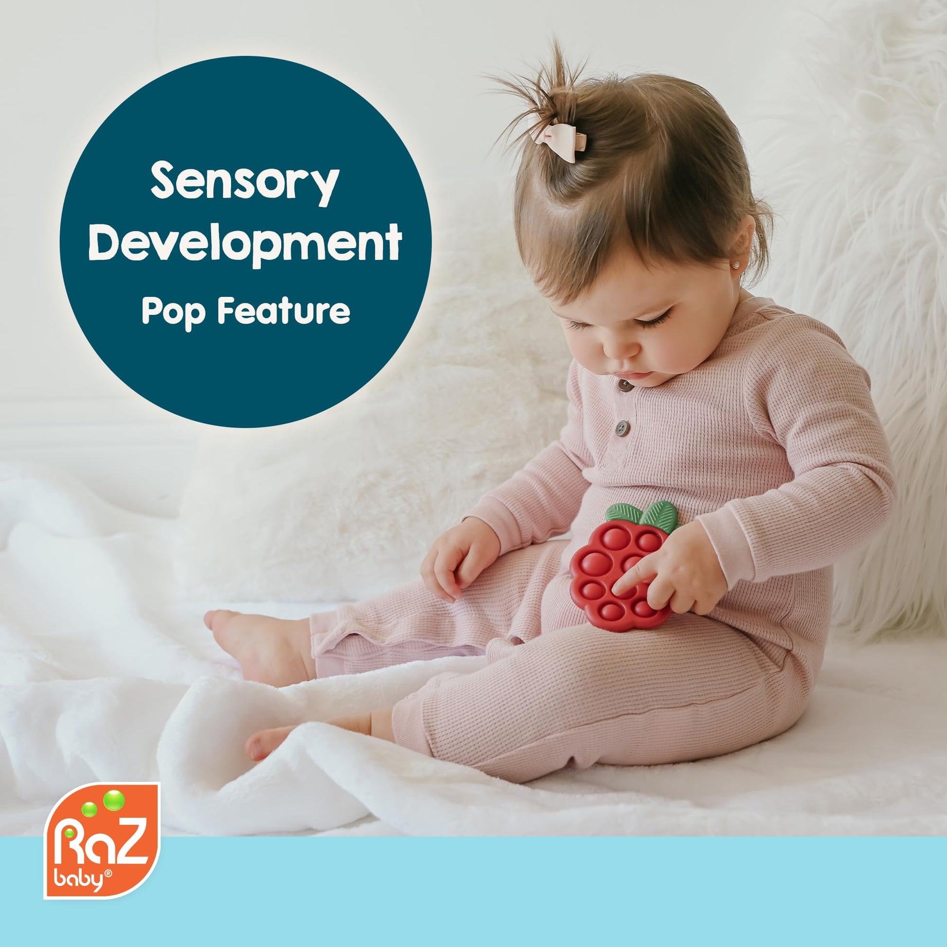 RaZbaby RaZberry Pop Strawberry Teether - Multi-Textured Silicone for Sensory Development & Teething Relief - Easy to Hold for Small Hands - Soft