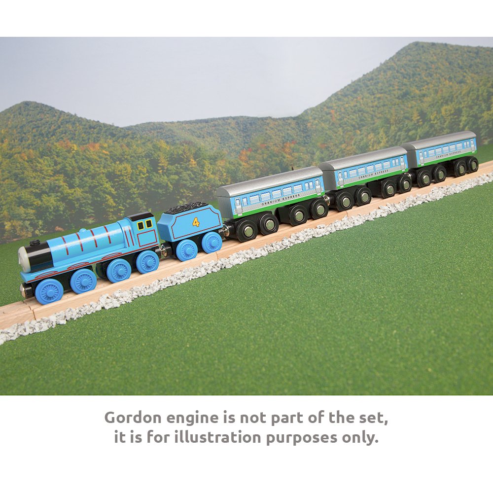 Orbrium 3 Pcs Large Wooden Railway Express Coach Cars, Compatible with Thomas & Friends Push-Along the Tank Engine, Brio, Chuggington Wooden Train