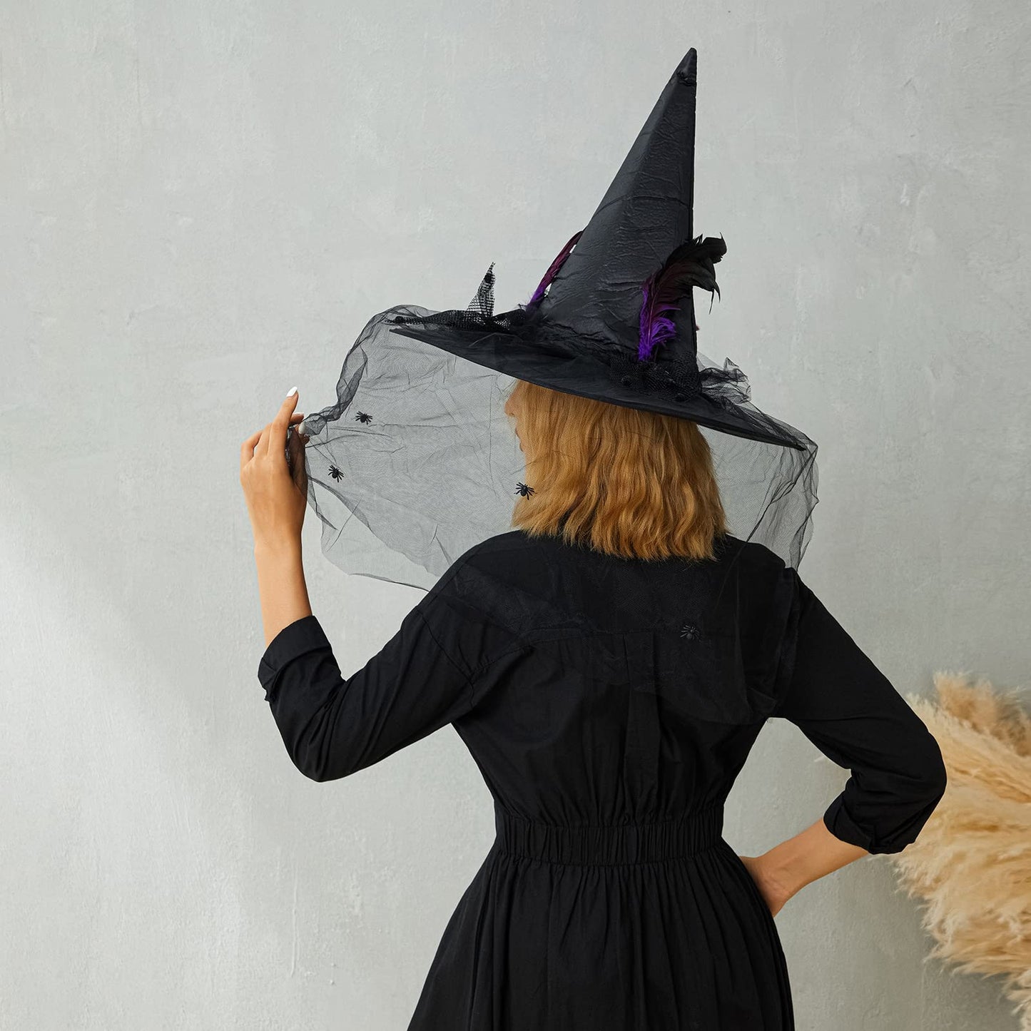 SSPalu Halloween Deluxe Witch Hat Veils Spiders Feathers Felt Wizard Cap Women Men Wide Brim Pointed Hat Party Carnival Cosplay Costume