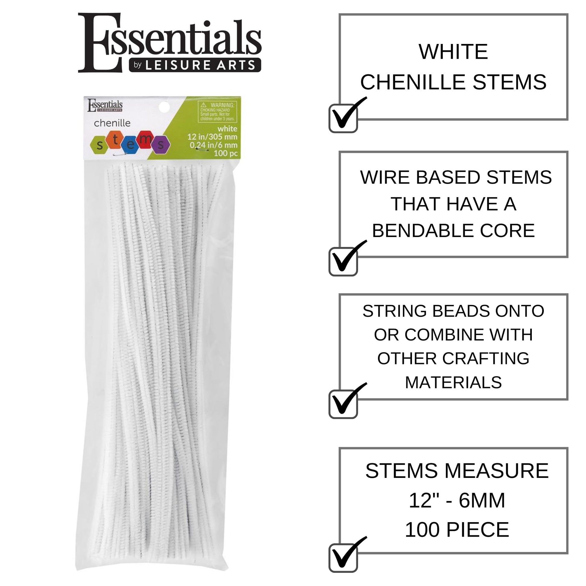 Essentials By Leisure Arts Chenille Stems White, 12 Inch 6mm, Bendable Craft Pipe Cleaners for DIY Projects, Dolls, Ornaments, Jewelry,