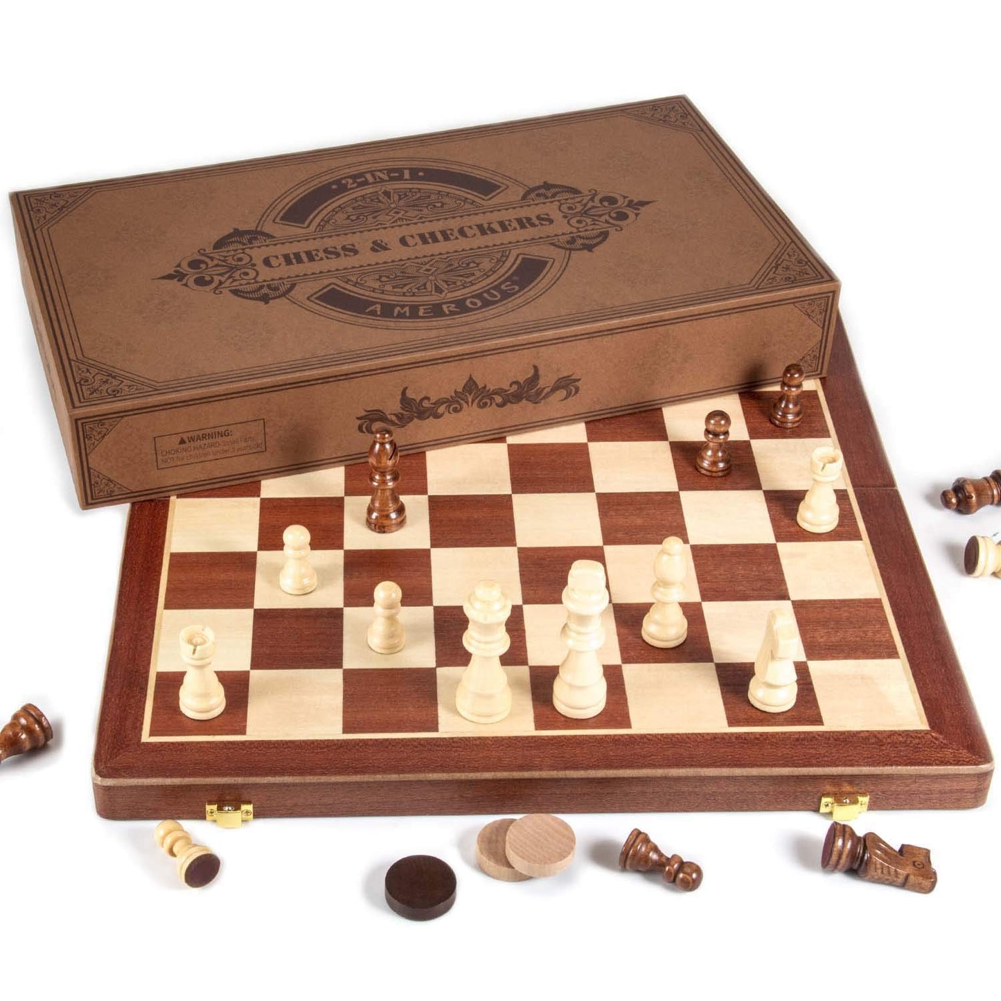 AMEROUS 15 Inches Magnetic Wooden Chess & Checkers Set (2 in 1) - Folding Board -Gift Box Packed -24 Cherkers Pieces -2 Extra Queens, Beginner Chess