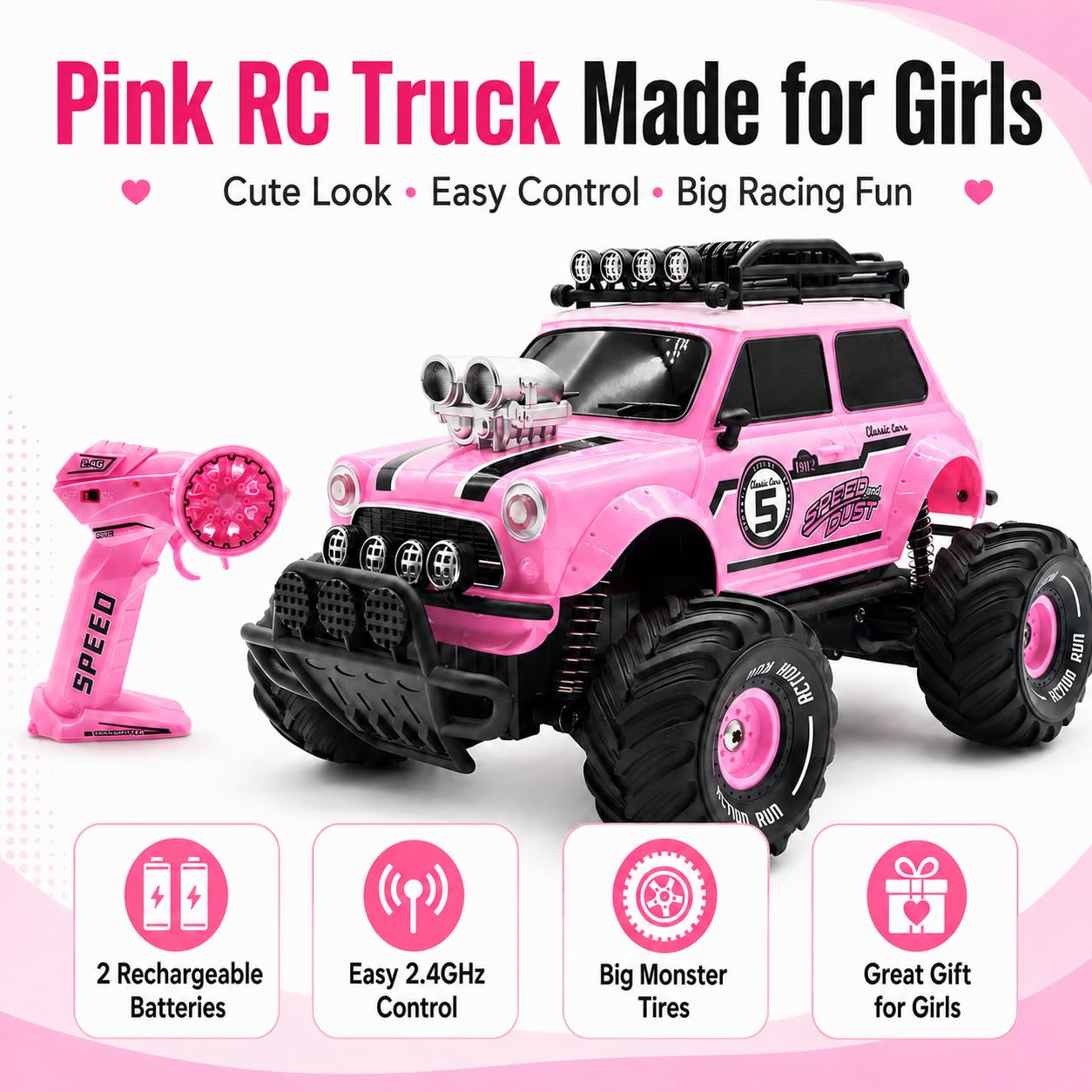 10Leccion Pink RC Monster Truck for Girls Ages 3-8