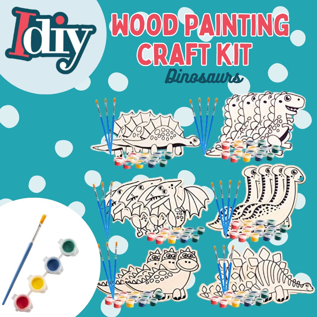 SCS Direct Wood Painting Craft Kit 20 Pack- Summer Arts & Crafts Gifts for Kids - Each Dinosaur Painting Set Comes w/Brush & Paint - Great