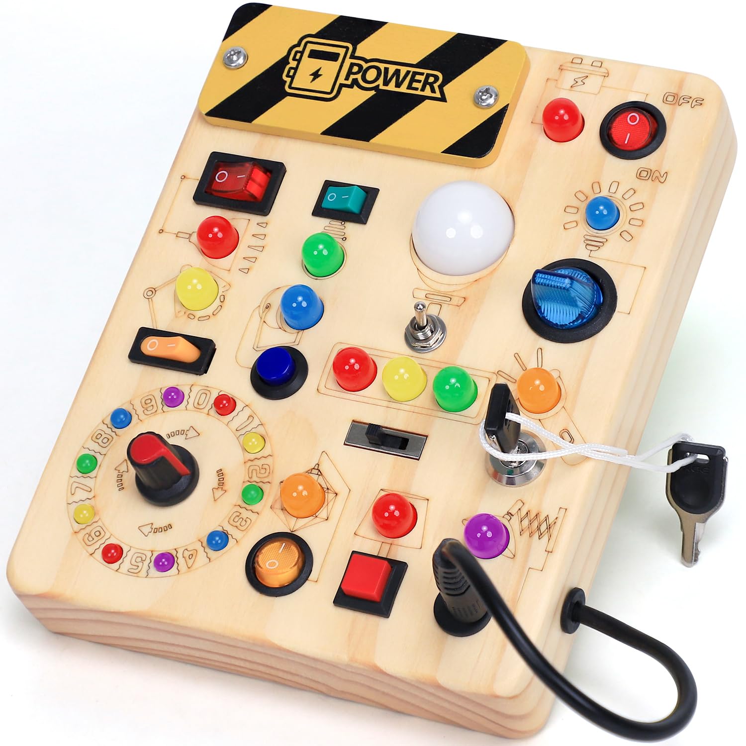 Busy Board with LED Light Switches, Montessori Toys for 1 2 3 Years Old, Toddlers Wooden Toy Sensory Activity Board, Travel Toys for 1+ Year Old Boy