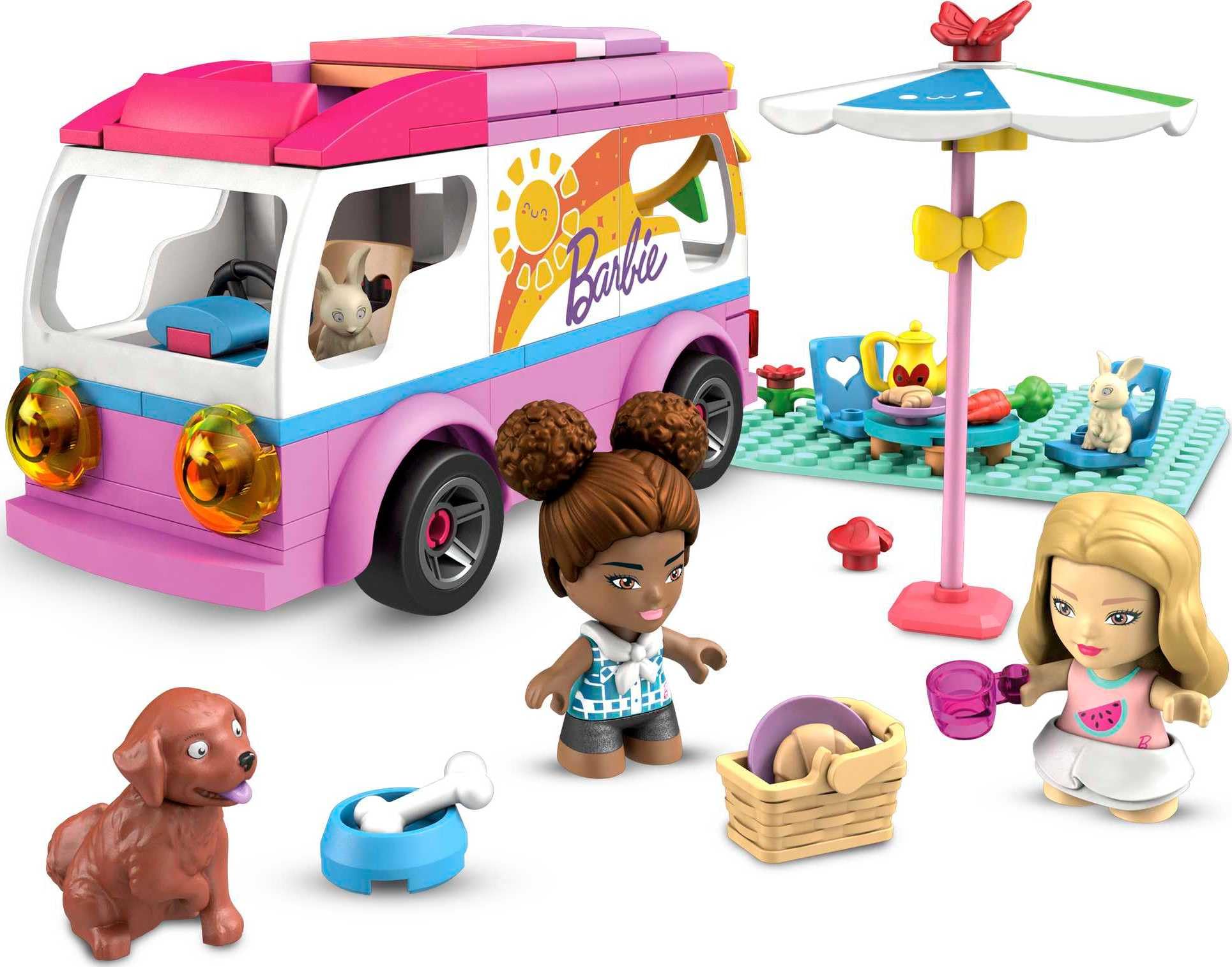 MEGA Construx Barbie Kids Building Toy Set, Adventure DreamCamper with 123 Pieces, 2 Micro-Dolls, Furniture and Accessories, Pink, Ages 5+ Years