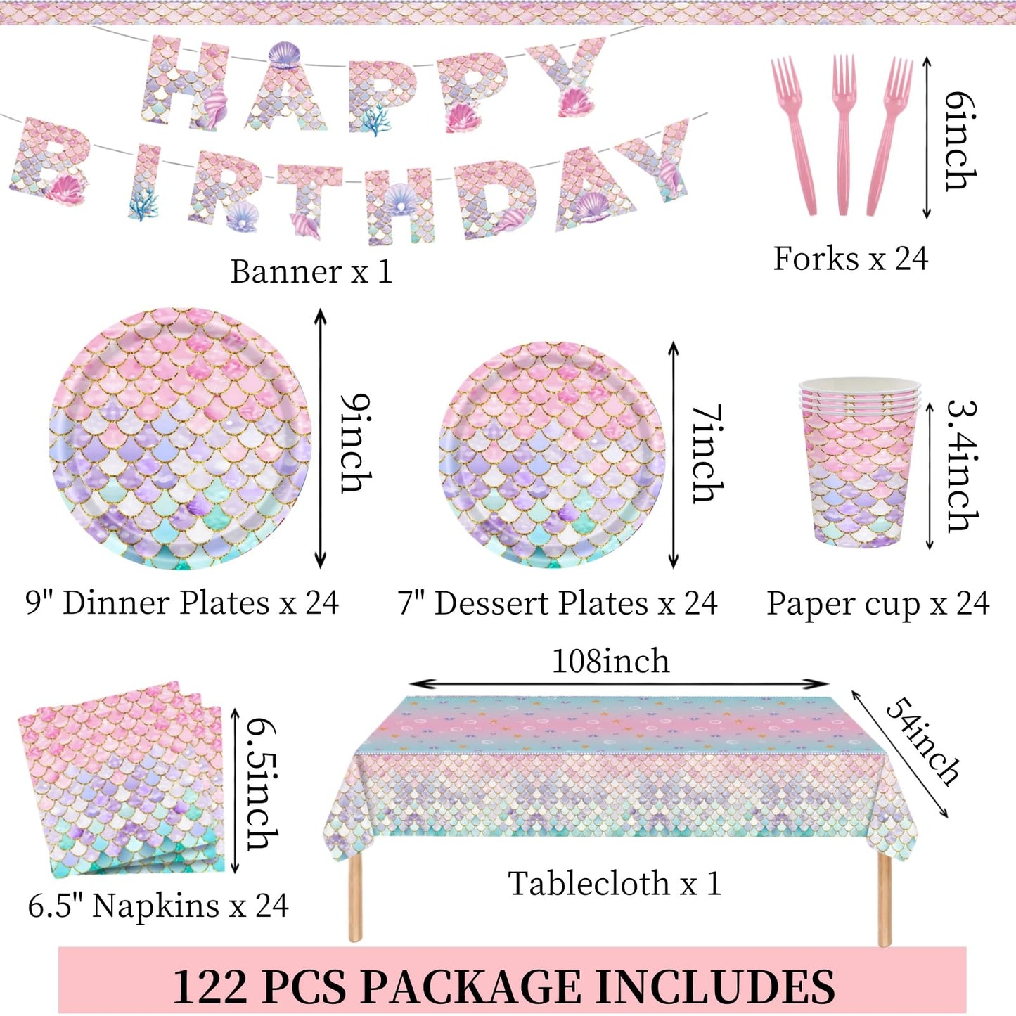 122 Pcs Mermaid Plates and Napkins Birthday Party Decorations for 24