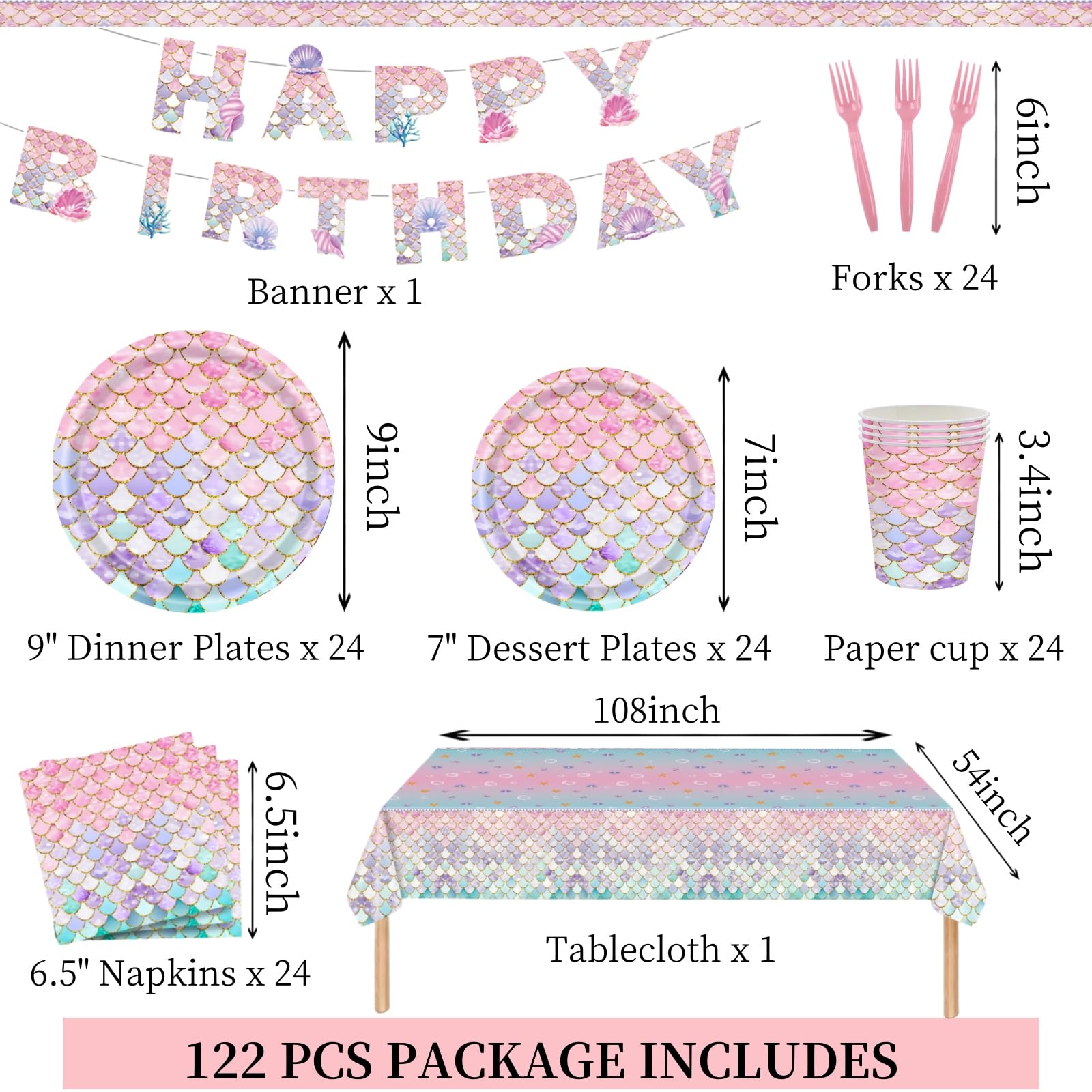 122 Pcs Mermaid Plates and Napkins Birthday Party Decorations for 24