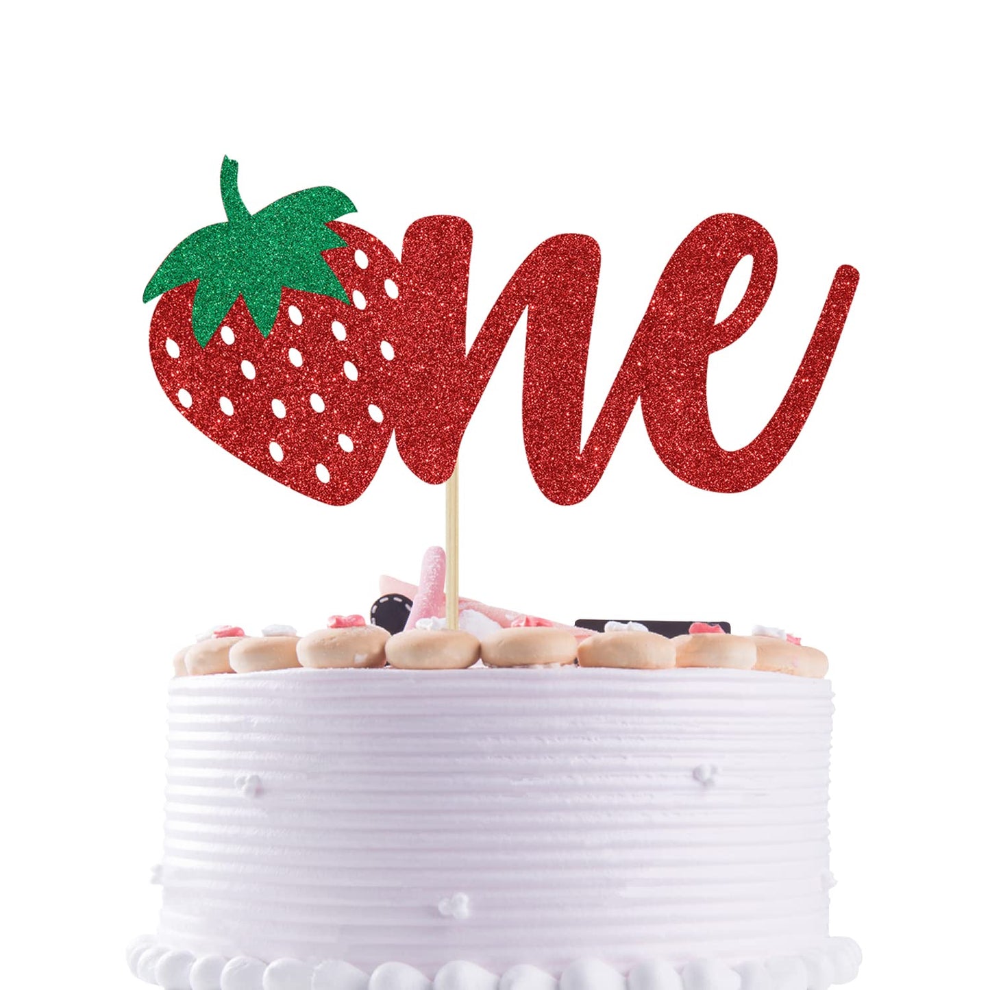 Red Glitter Strawberry One Cake Topper, Berry 1st Birthday/A Sweet Little Berry is on the Way, StrawberryThemed Baby's 1st Birthday Baby Shower Party