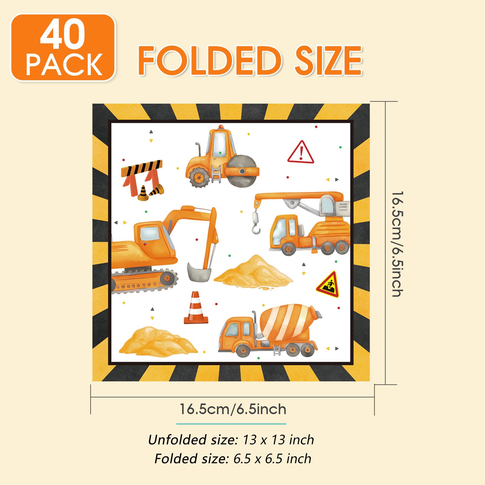 40 Pcs Construction Napkins 13 x 13 Inches, Dump Digger Tractor Excavator Paper Napkins Construction Disposable Cocktail Napkin for Toddler Kids Boys