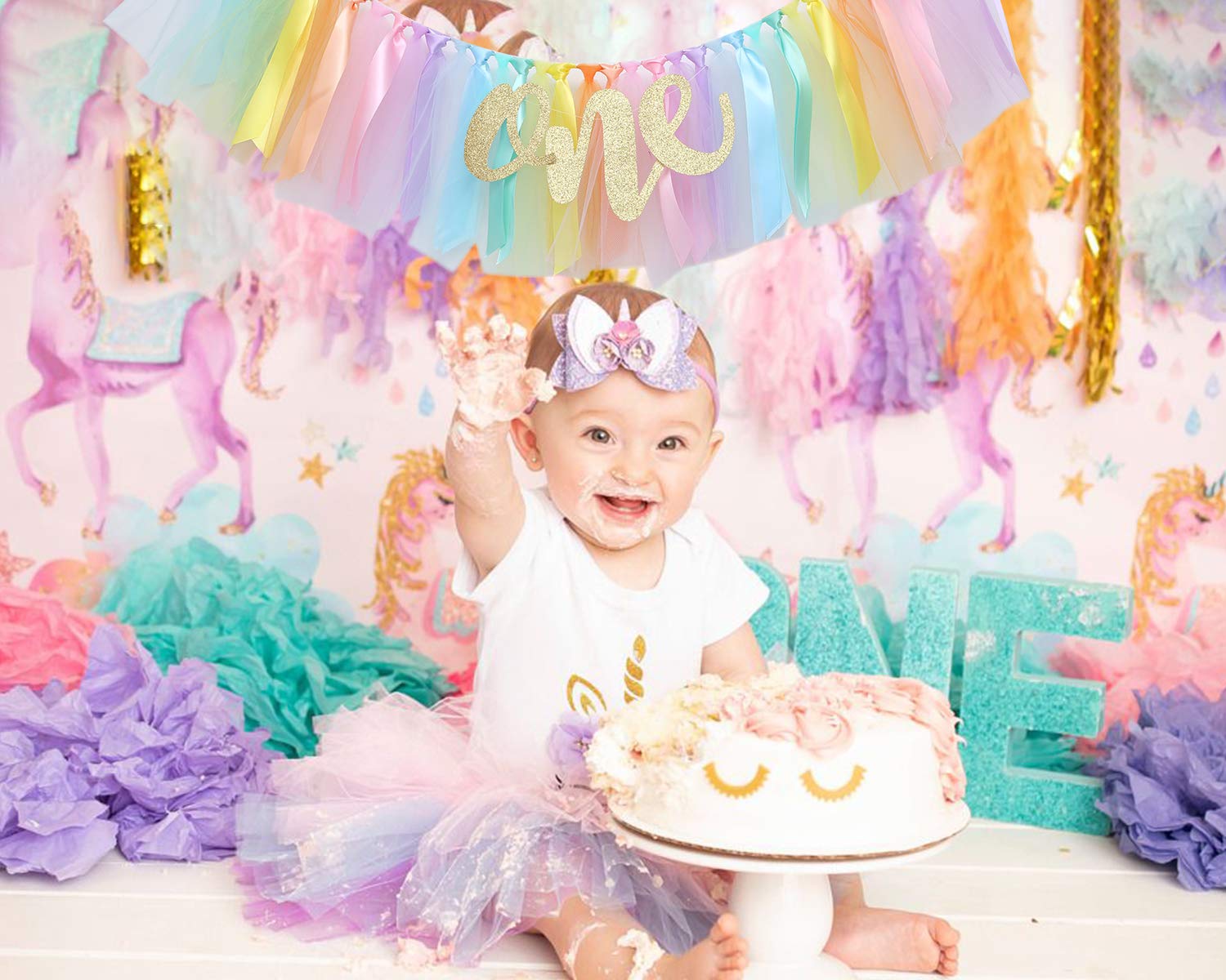 Pastel Rainbow High Chair Banner for 1st Birthday - Party Supplies with Tutu Skirt and Pennant