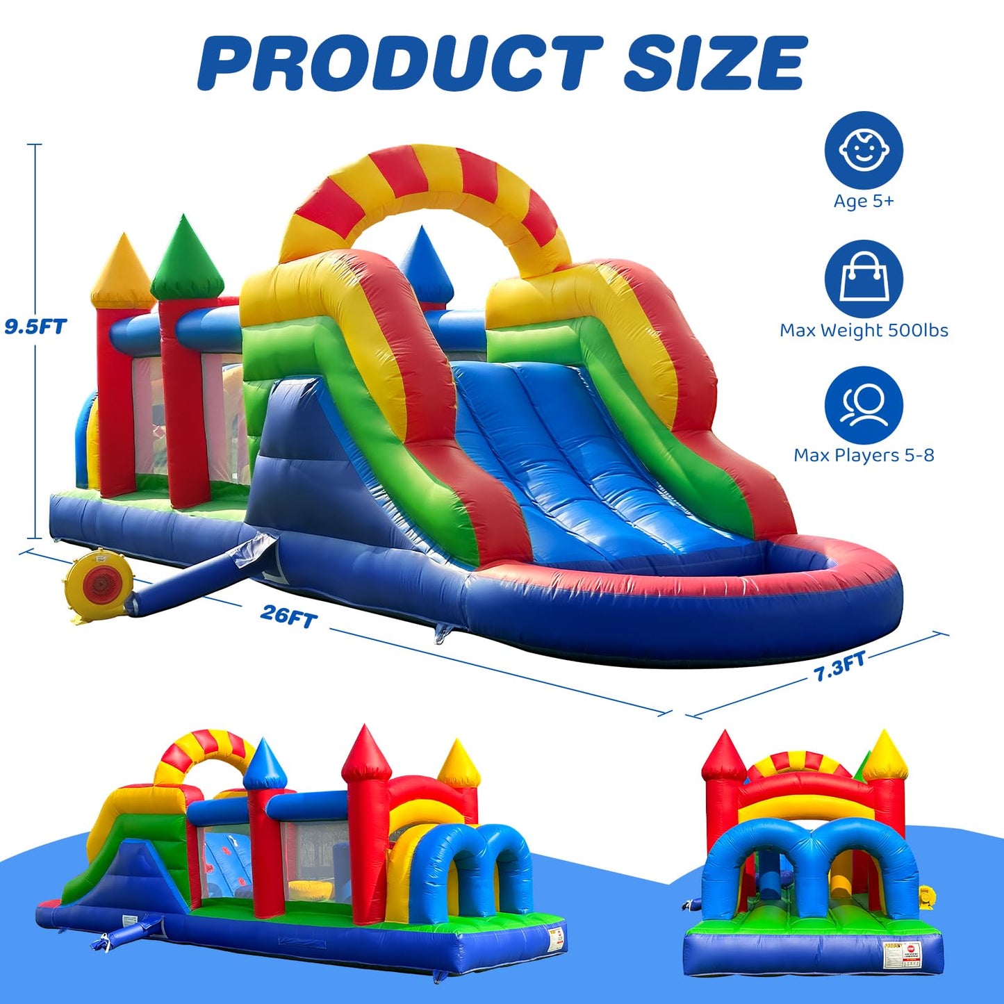 GR8FUN 26FT Inflatable Obstacle Course, Castle Bounce House with Blower, PVC Inflatable Obstacle Course with Tunnel & Slide, Jumping Bouncer for Home
