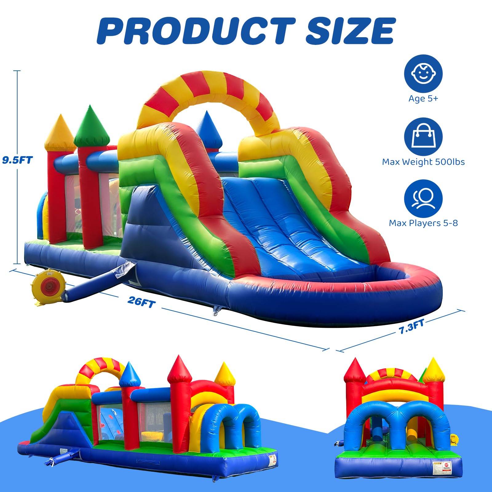 GR8FUN 26FT Inflatable Obstacle Course, Castle Bounce House with Blower, PVC Inflatable Obstacle Course with Tunnel & Slide, Jumping Bouncer for Home