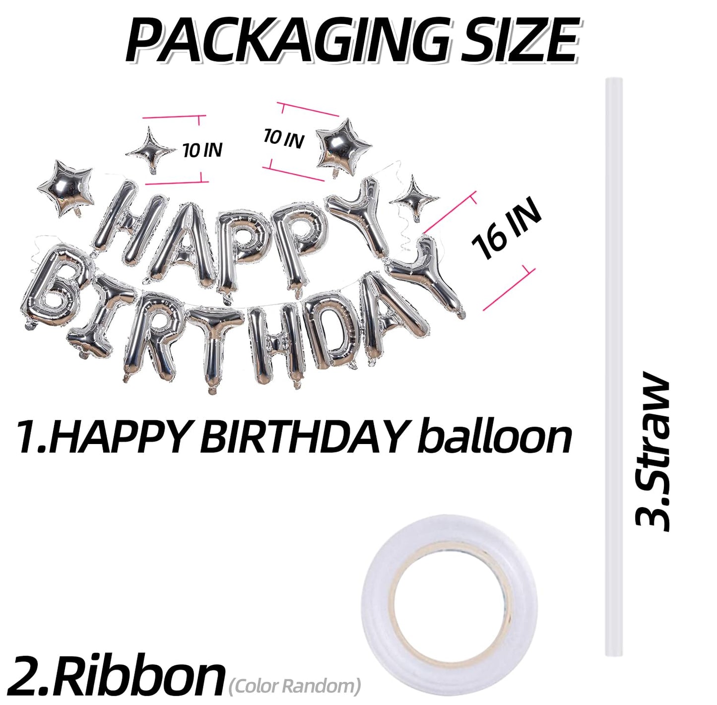 Silver Happy Birthday Banner Balloon Aluminum Foil 16 Inch Letter,10 Inch Five Pointed Star Four Pointed Star Suitable for Kids, Men, Women, Boys
