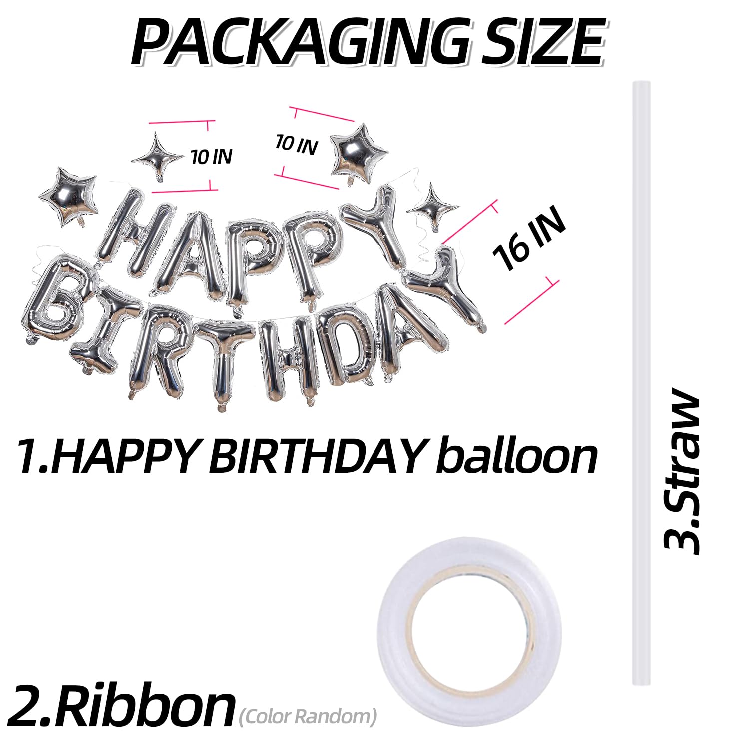 Silver Happy Birthday Banner Balloon Aluminum Foil 16 Inch Letter,10 Inch Five Pointed Star Four Pointed Star Suitable for Kids, Men, Women, Boys