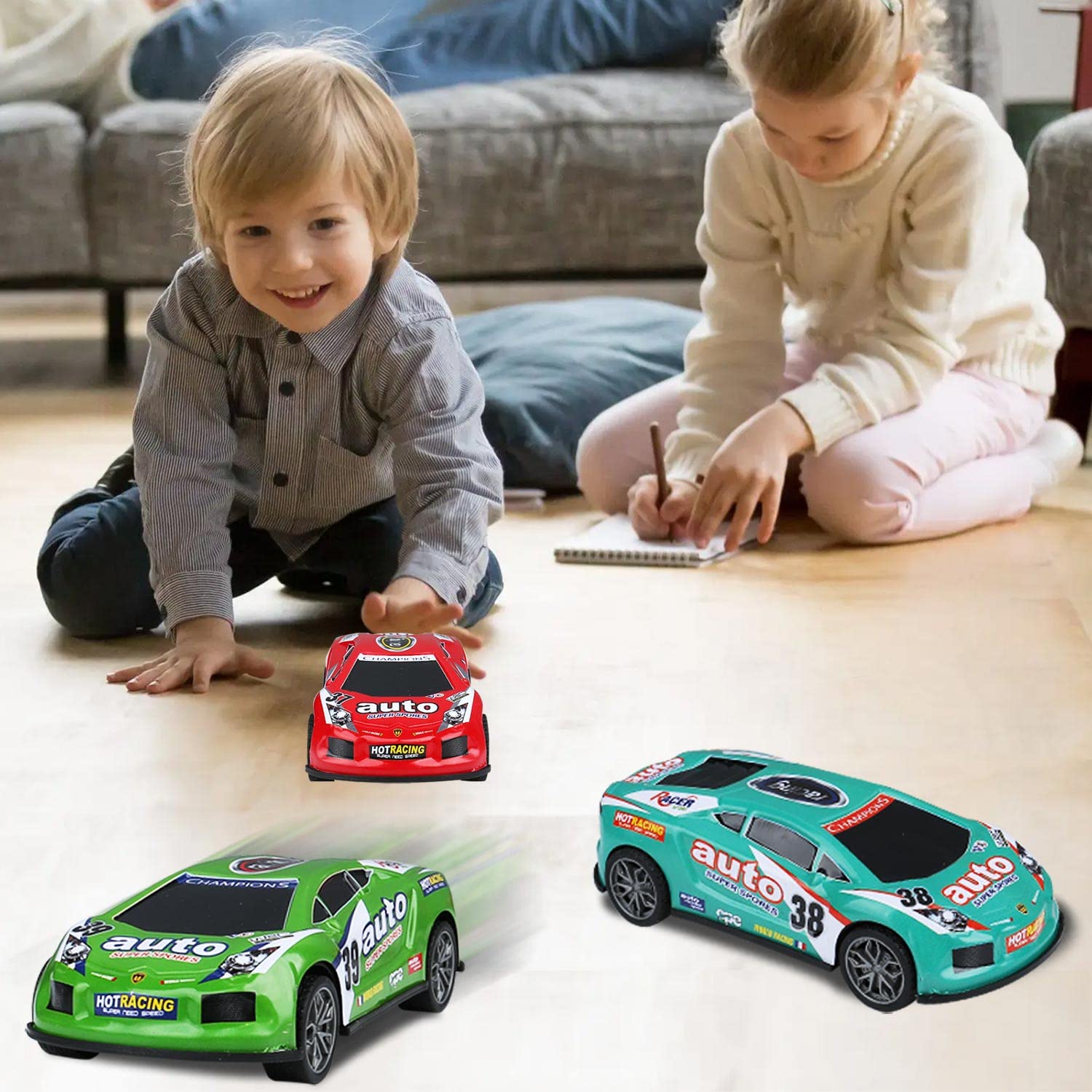 ZOHANINDL 7 inch Friction Power Car Toys Set, Push and Go Pull Back Trucks Wind up Race Car 3 Pack Suitable for Toddlers 3 4 5 6 7 Year Old Kids Toys