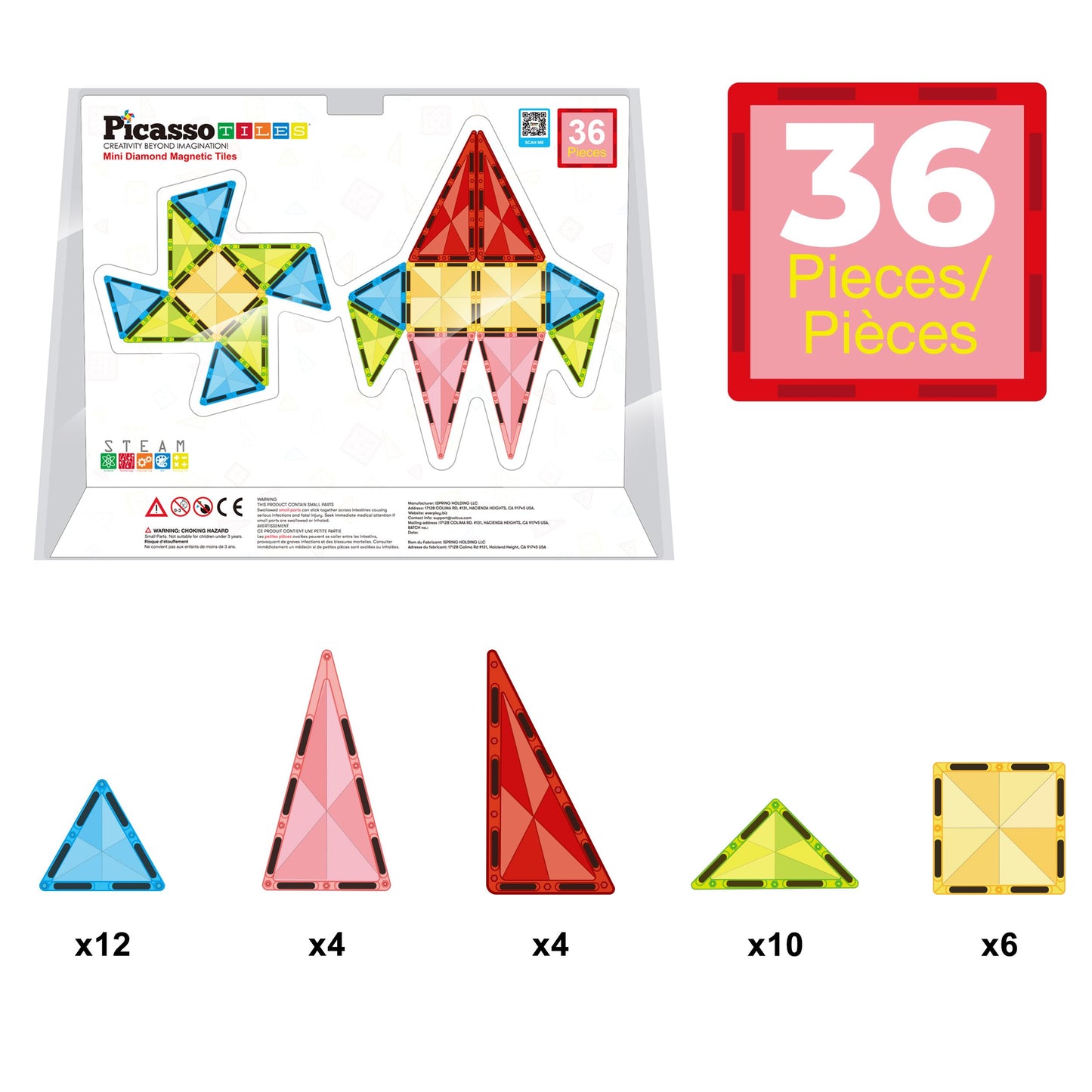 PicassoTiles 36pcs Mini Size Magnetic Tiles Magnet Toys Diamond Series Sensory Construction Building Blocks Set STEM Learning Travel Size Educational