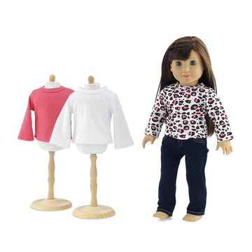 18 Inch Doll Jeans Outfit - Emily Rose 4PC Stretch Skinny Blue Jeans + 3 Long Sleeve Doll T-Shirts (White Pink Cheetah) - Basics Wardrobe Set for 18”