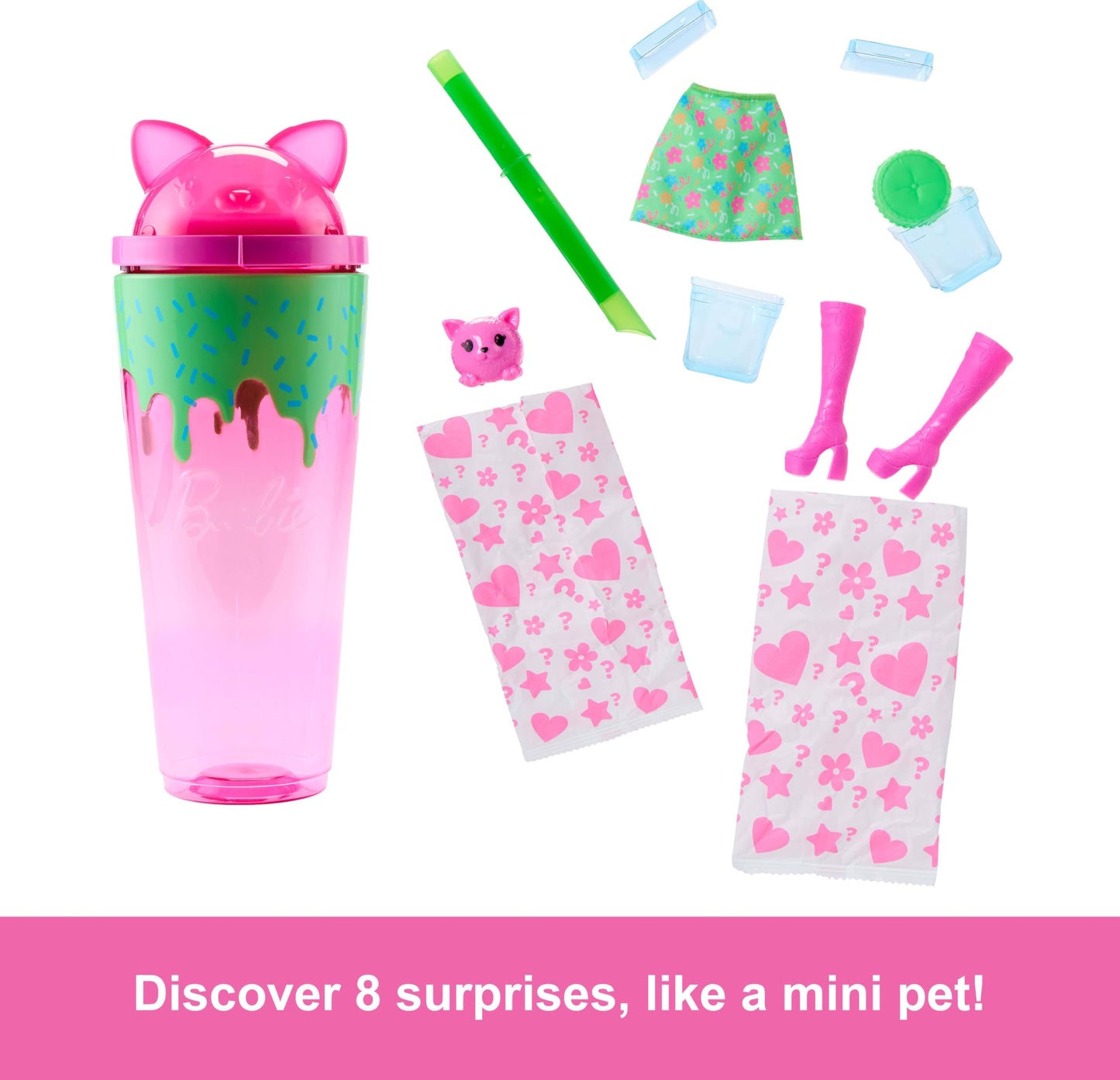 Barbie Pop Reveal Series Doll & Accessories Set, Shakes Series, Scented Cute Kitten Fashion Doll & Pet, 8 Surprises Include Color Change