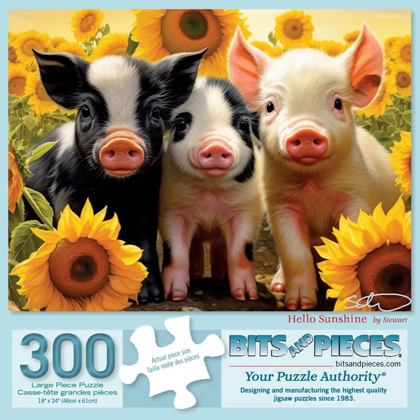 Bits and Pieces 300 Piece Puzzles for Adults - Hello Sunshine - 300 Large Pieces 18" x 24" Jigsaw Puzzles, Pigs Piglets Sunflowers, No 2 Pieces Alike