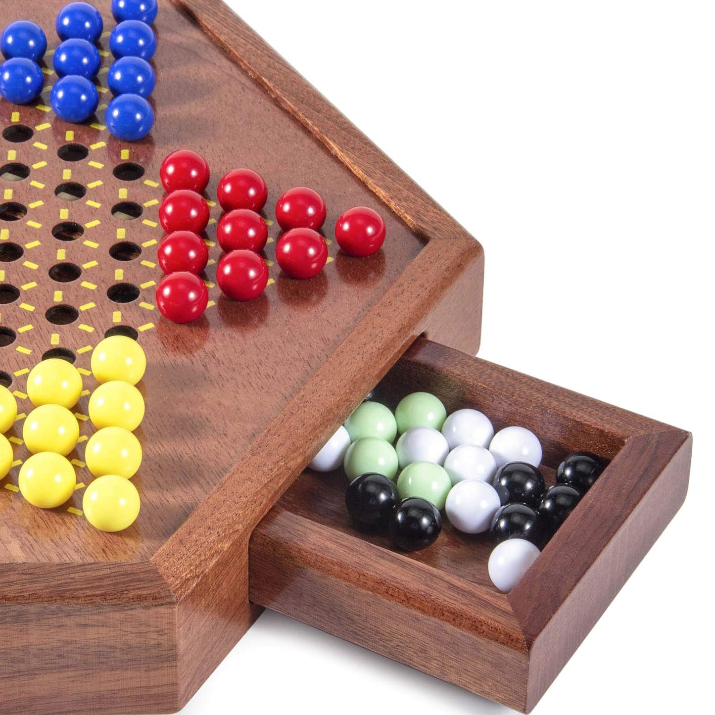 AMEROUS 12.5 inches Wooden Chinese Checkers Set with Storage Drawer - 60 Acrylic Marbles in 6 Colors - 12 Bonus Spare Marbles, Classic Strategy Family