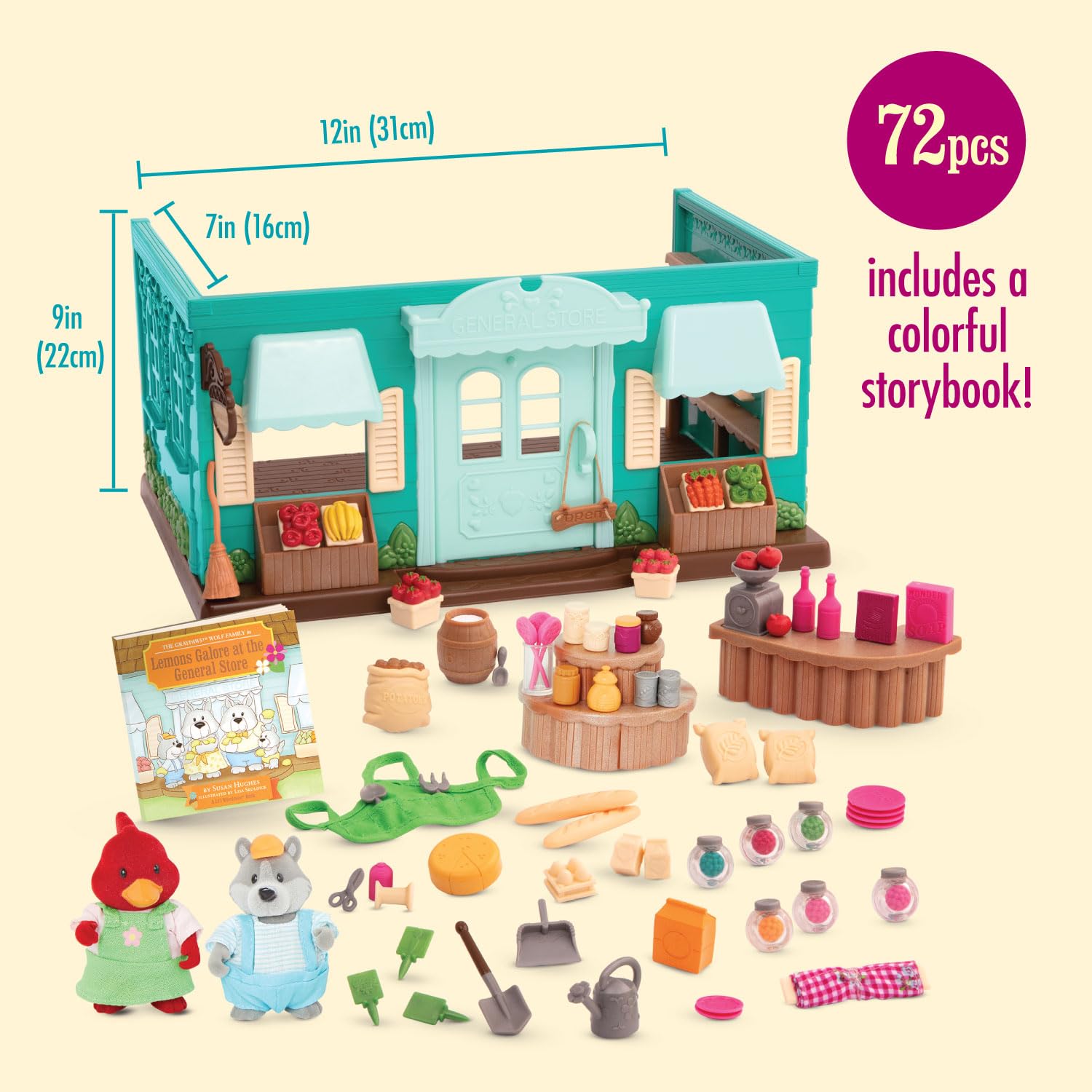 Li'l Woodzeez General Store Dollhouse Playset, 72 Pieces Storybook, Medium