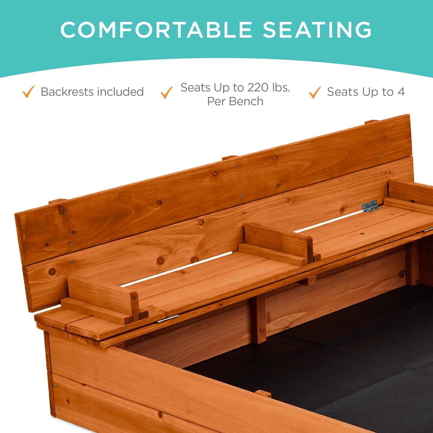 Best Choice Products Large Outdoor Wooden Sand Box for Kids, Sandbox with Cover, Bench Seats Support up to 220 lbs, Bottom Liner for Drainage, Cedar