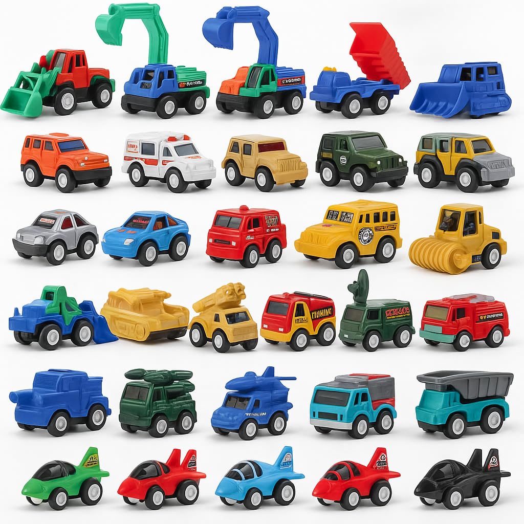36 Pieces Pull Back Cars and Trucks Toy Set - Mini Pocket Vehicles, Fighter Jets, Construction, Race Cars & Military Toys - Bulk Party Favors