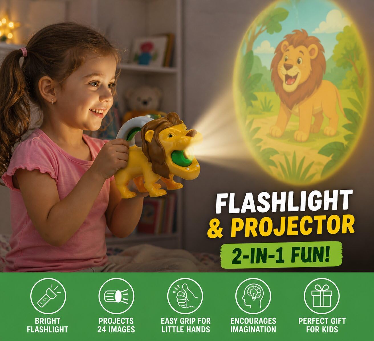 Kid Galaxy Flashlight & Projector - Lion Theme Toy, 2-in-1 Kids Flashlight with 3 Image Discs & 24 Color Pictures, Safari Animal Projection Toy
