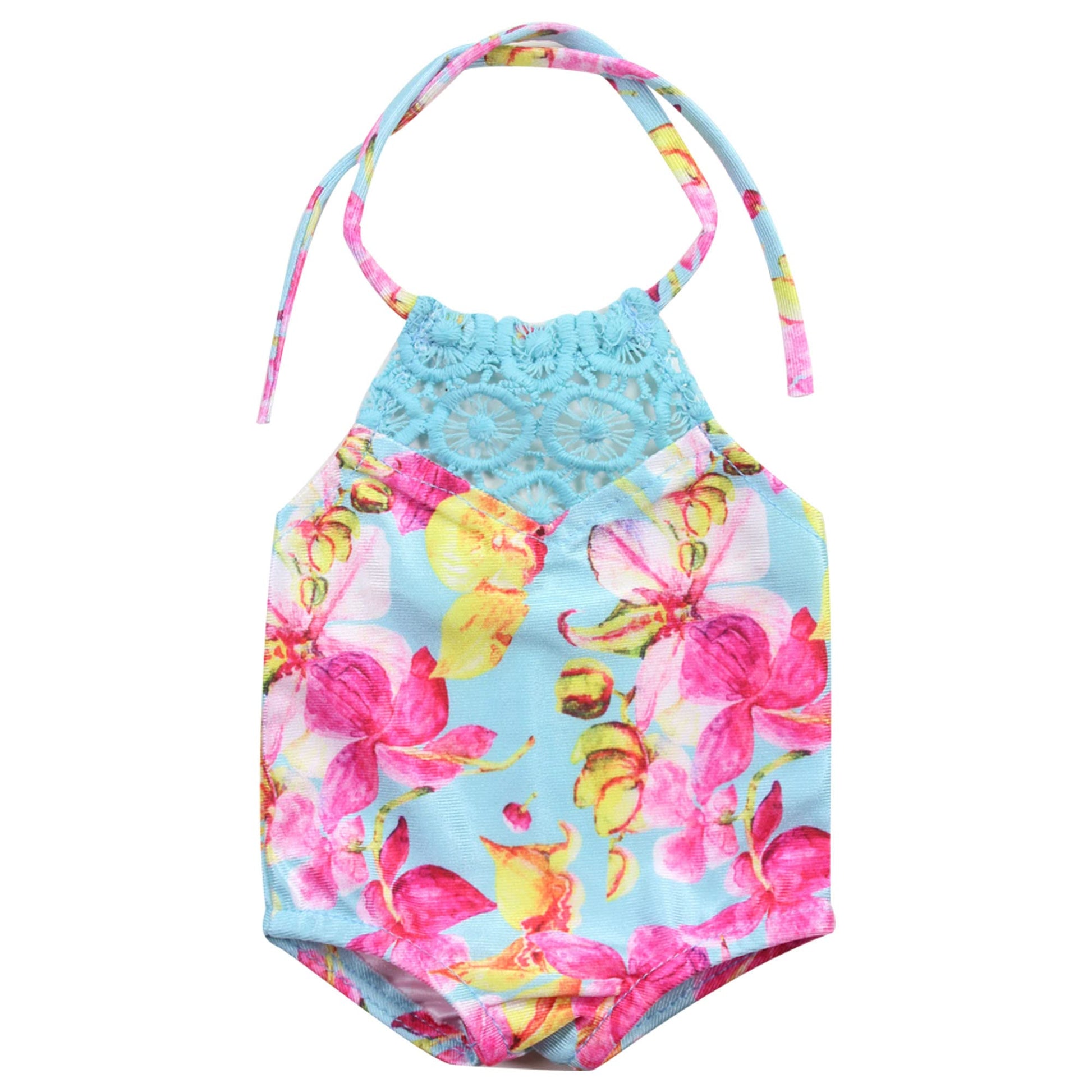 Sophia's Aqua Floral Print Lace Trim Bathing Suit and Inflatable Popsicle Pool Float Beach Accessories Set for 18" Dolls, Pink/Blue