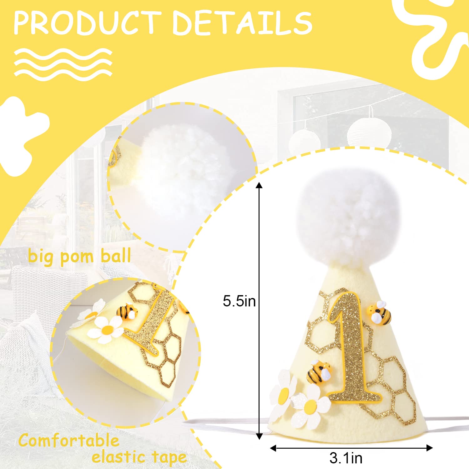 SYESQL Bee Themed Birthday Hat - Medium, Golden and White, for First Birthday, Babies and Toddlers, Costume Headwear