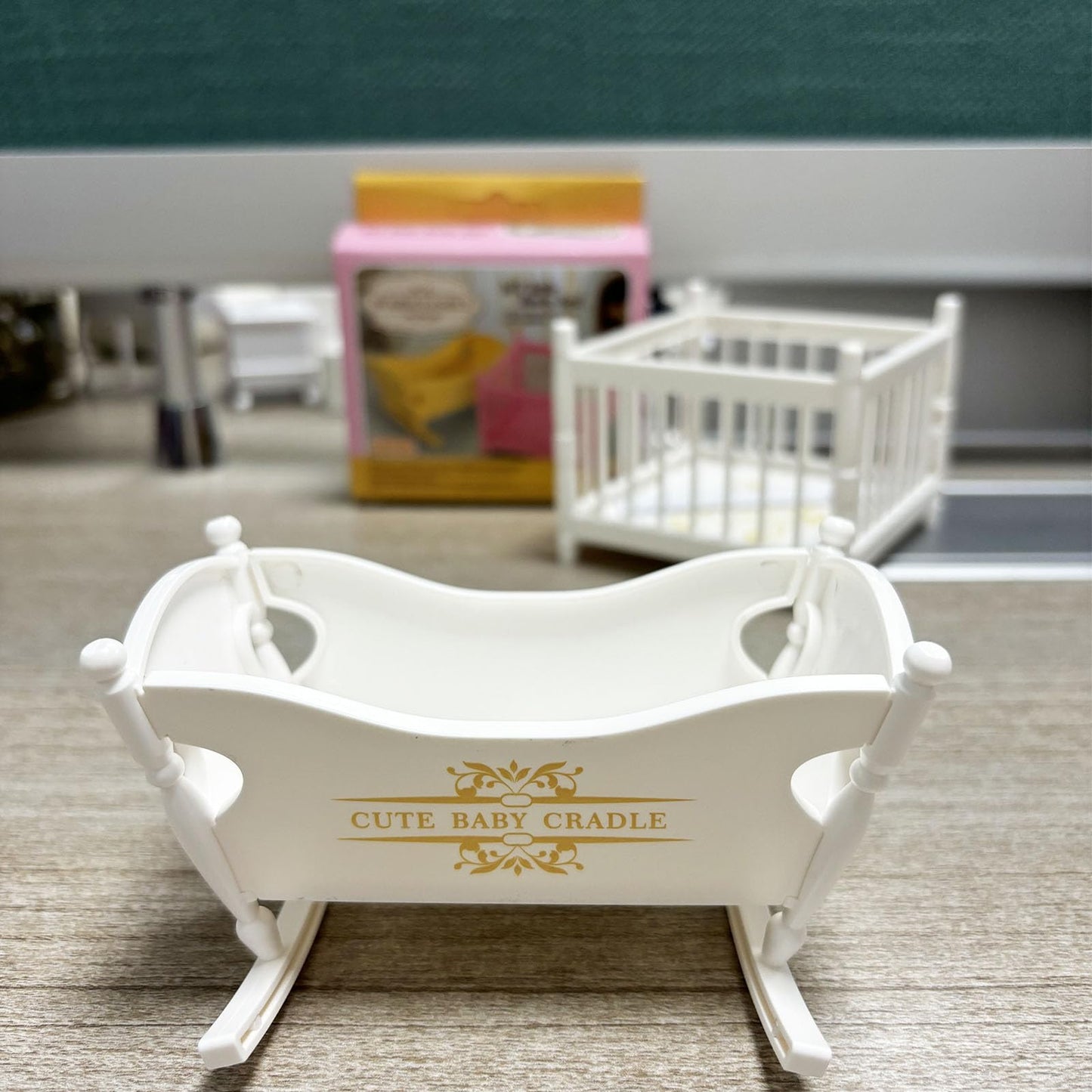 Miniature Dollhouse Furniture Set,Mini Doll Rocking Crib + Square Bed, Dollhouse Furniture Crib Wobble Toys Baby Doll Cradle White Wooden Bamboo Silk