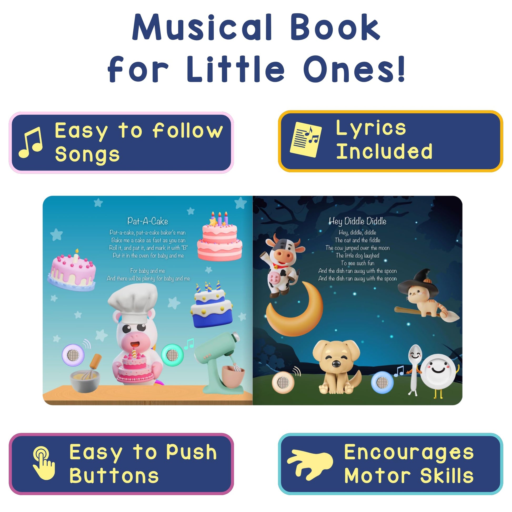 LEARNING BUGS Bedtime Songs - 13 Timeless Lullabies for Little Ones, Musical Books for Toddlers, 28-Button Music Book, Musical Toys for Toddlers 1-3