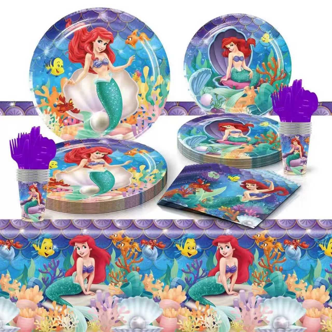 111PCS Disne Ariel Party Kit! Enchanting set with vibrant tableware & dreamy tablecloth, for a magical undersea kids' birthday.