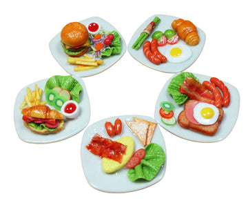 Handmade Miniature Breakfast Food Set, 5 Assorted Plates, Air Dry Clay Dollhouse Mini Food Accessories, 1:6 Scale, 1.3 Inch Plates, Realistic Kitchen