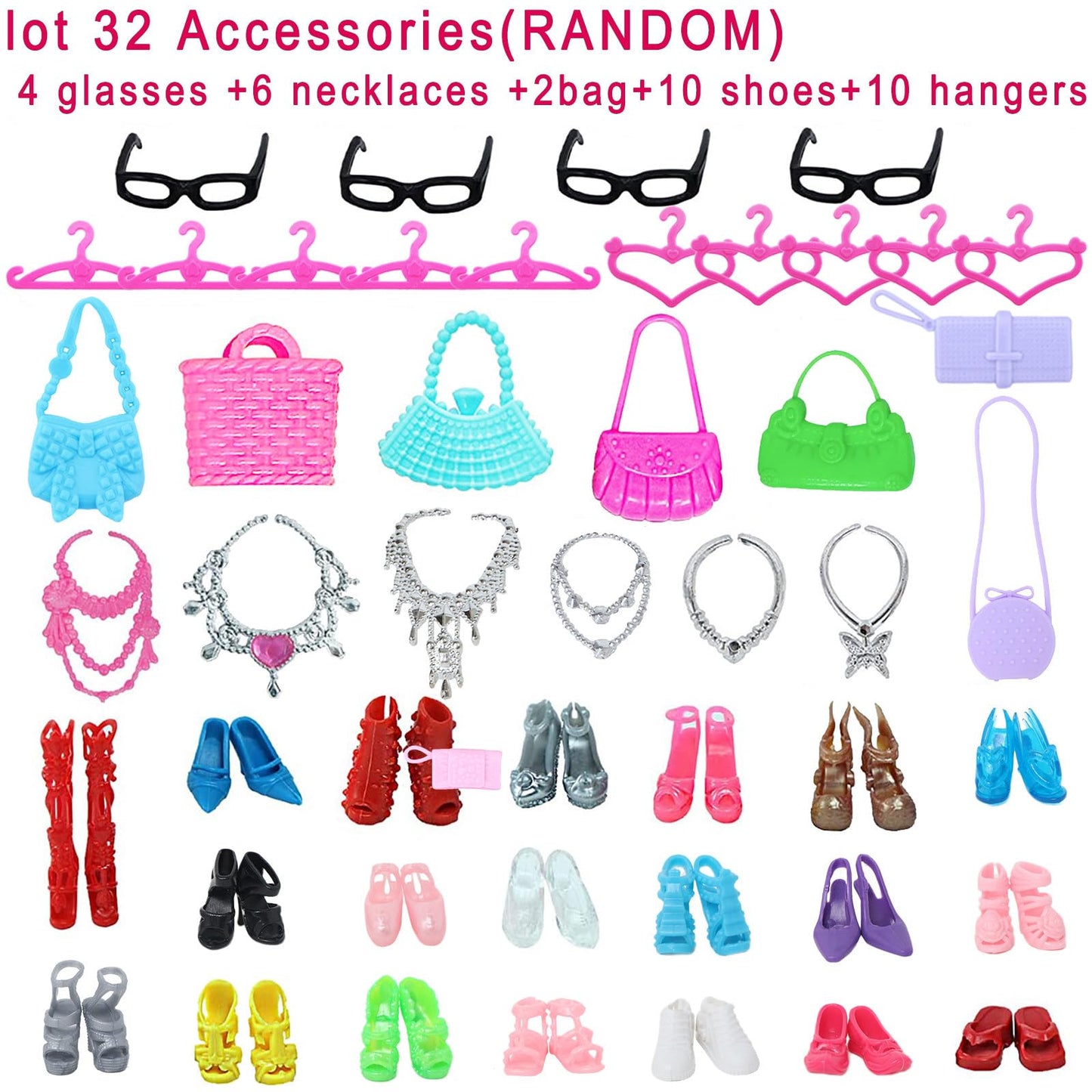 BJDBUS 42 pcs Doll Clothes and Accessories Including 10 pcs Fashion Mini Dresses 32 pcs Shoes, Glasses, Necklaces, Handbag, Hangers Accessories