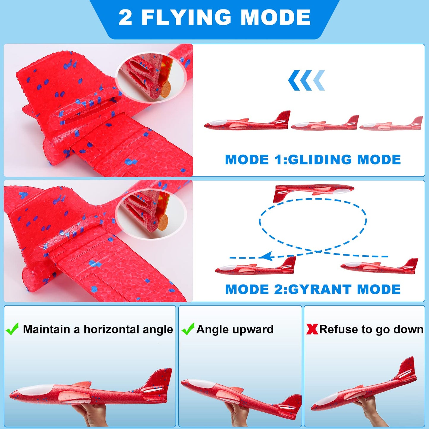 Tivcck 3 Pack LED Foam Airplane Toys, 17.5" Large Throwing Foam Plane, 2 Flight Mode Glider Flying Toy for Kids, Ages 3+