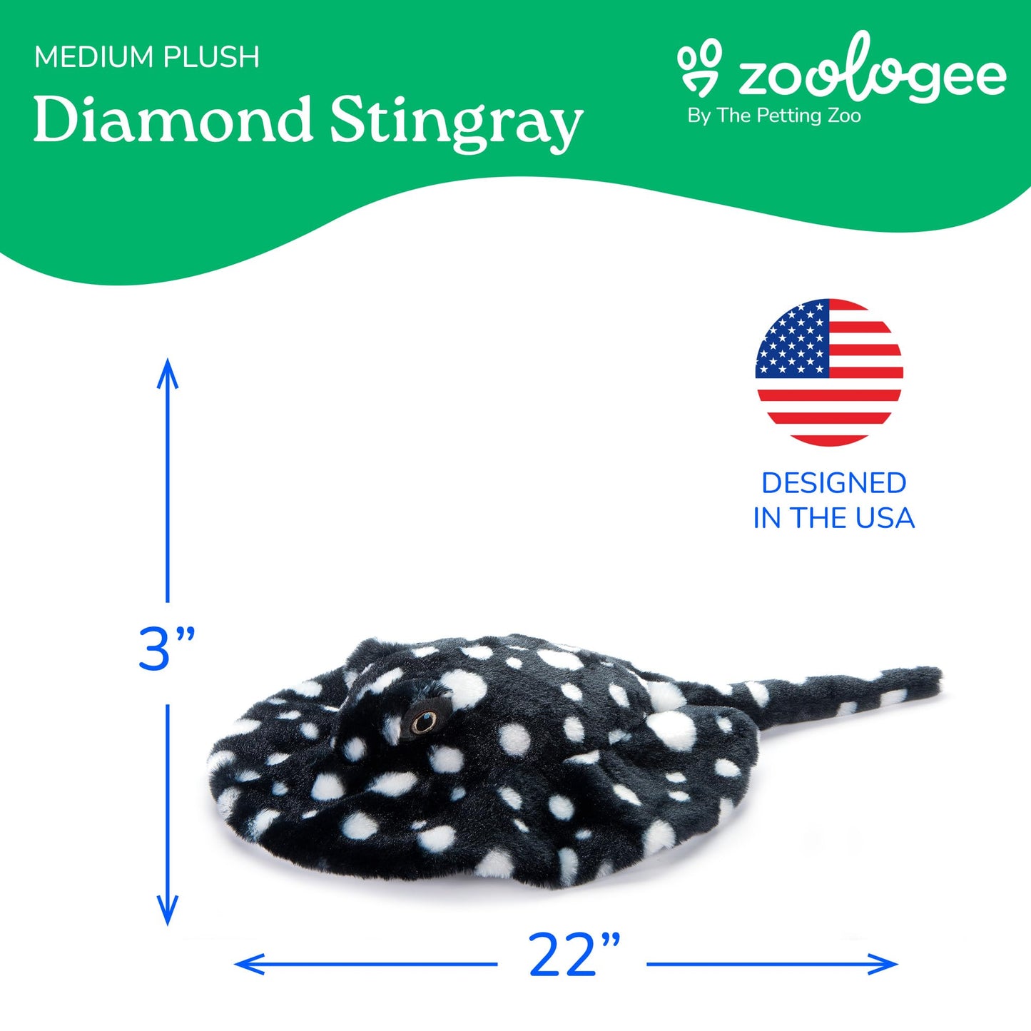 The Petting Zoo Diamond Stingray Stuffed Animal Plushie, Gifts for Kids, Earth Keeperz Sealife Animals, Zoologee Blue and White Stingray Plush Toy, 22