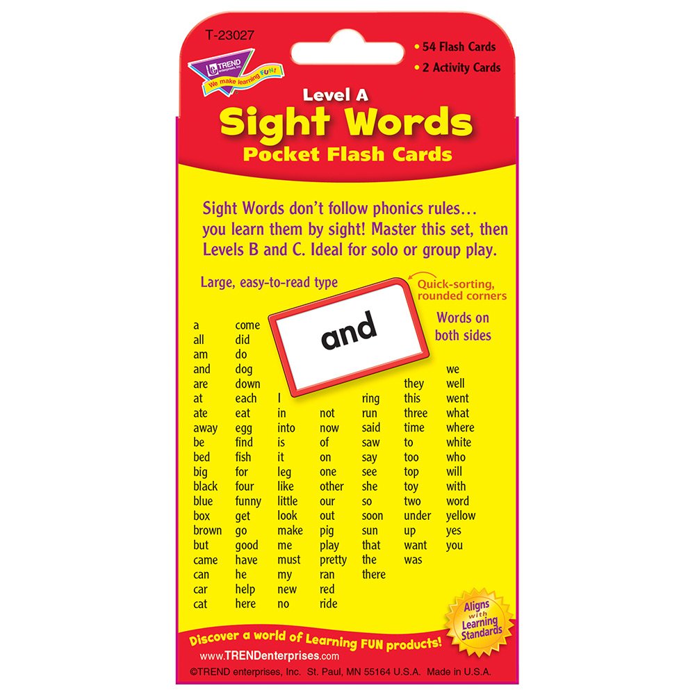 Trend Enterprises: Sight Words Level A Pocket Flash Cards, Great for Skill Building and Test Prep, 56 Two-Sided Cards Included, 108 Commonly-Used