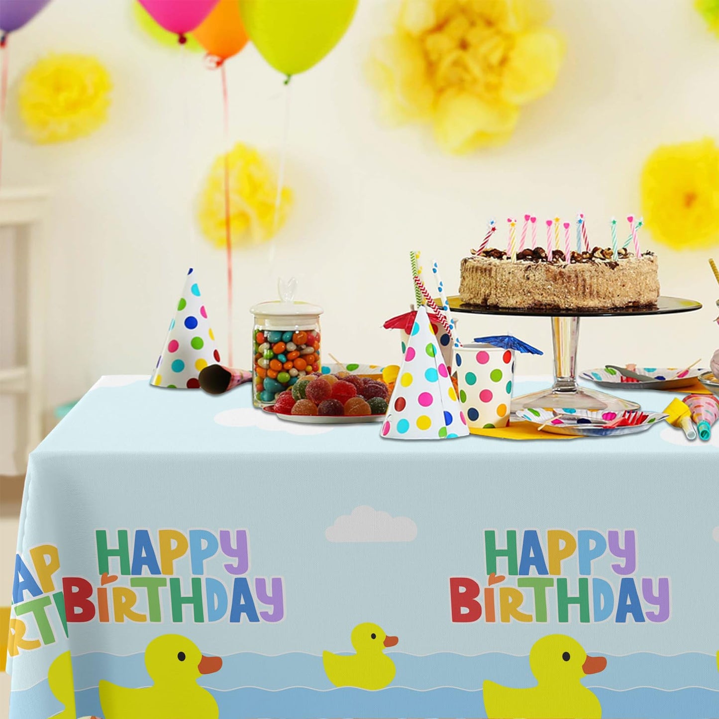 GZBJMYGS uck Happy Birthday Tablecloth Duck Animal Plastic Supplies Animal Theme Baby Shower Boys Girls Blue Birthday Party Supplies Party Picnic