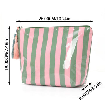 LDWZAX Striped Makeup Bag: Waterproof Cosmetic Pouch with Zipper, Large Travel Toiletry Organizer, Canvas & Clear PVC Tote Fits Mahjong Tiles (Pink
