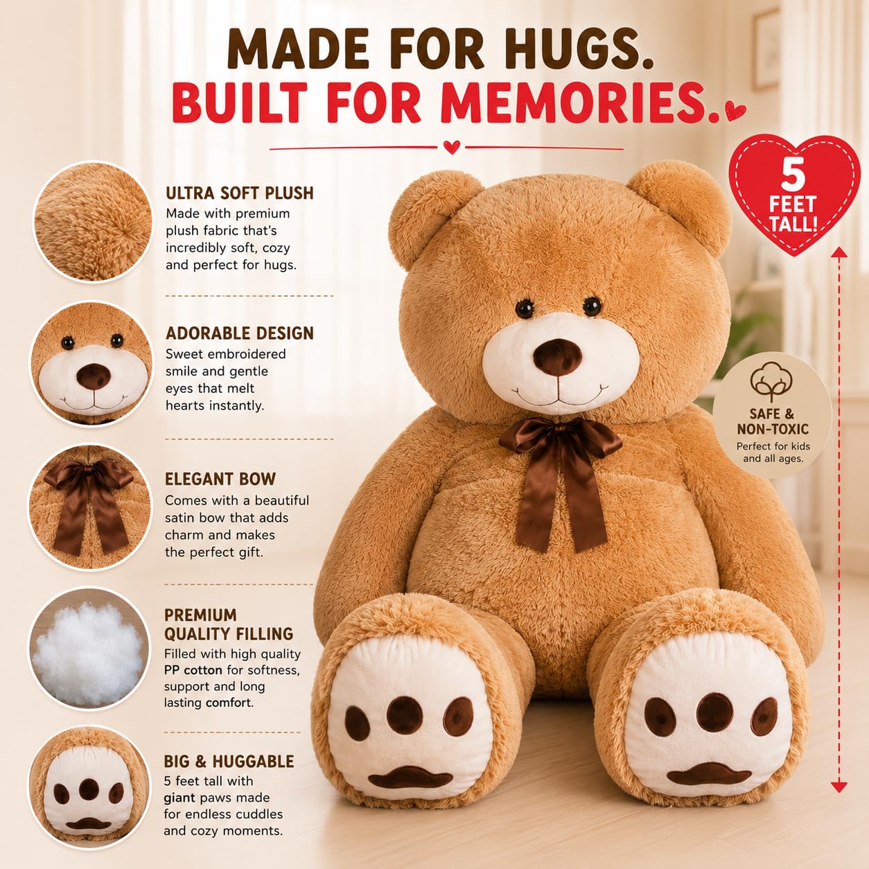 Kangaroo 5ft Giant Teddy Bear Extra Large Stuffed Animal - Giant Brown Plush Toy for Girls & Boys - Big Soft Human Size Jumbo Teddy Bear for Teens