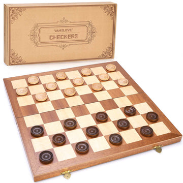 VAMSLOVE 14inch Checkers Folding Wooden Game Set, 8x8 Classic Checkerboard International Checkers Draughts Board 64 Square with Pieces Storage Slots
