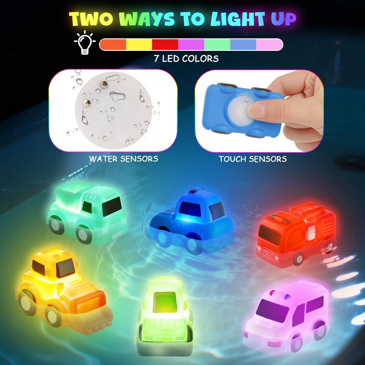 Baby Bath Toys, 6 Pack Light Up Cars Bath Toys, No Hole No Mould Bathtub Toy for 1 2 3 Year Olds, Flashing LED Sensory Toy for Toddlers, Bath Time