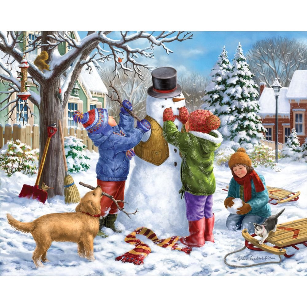 Bits and Pieces - Large 300 Piece Jigsaw Puzzle for Adults - Building a Snowman on a Snow Day - Winter Scene Jigsaw Puzzle by Artist Liz Goodrick